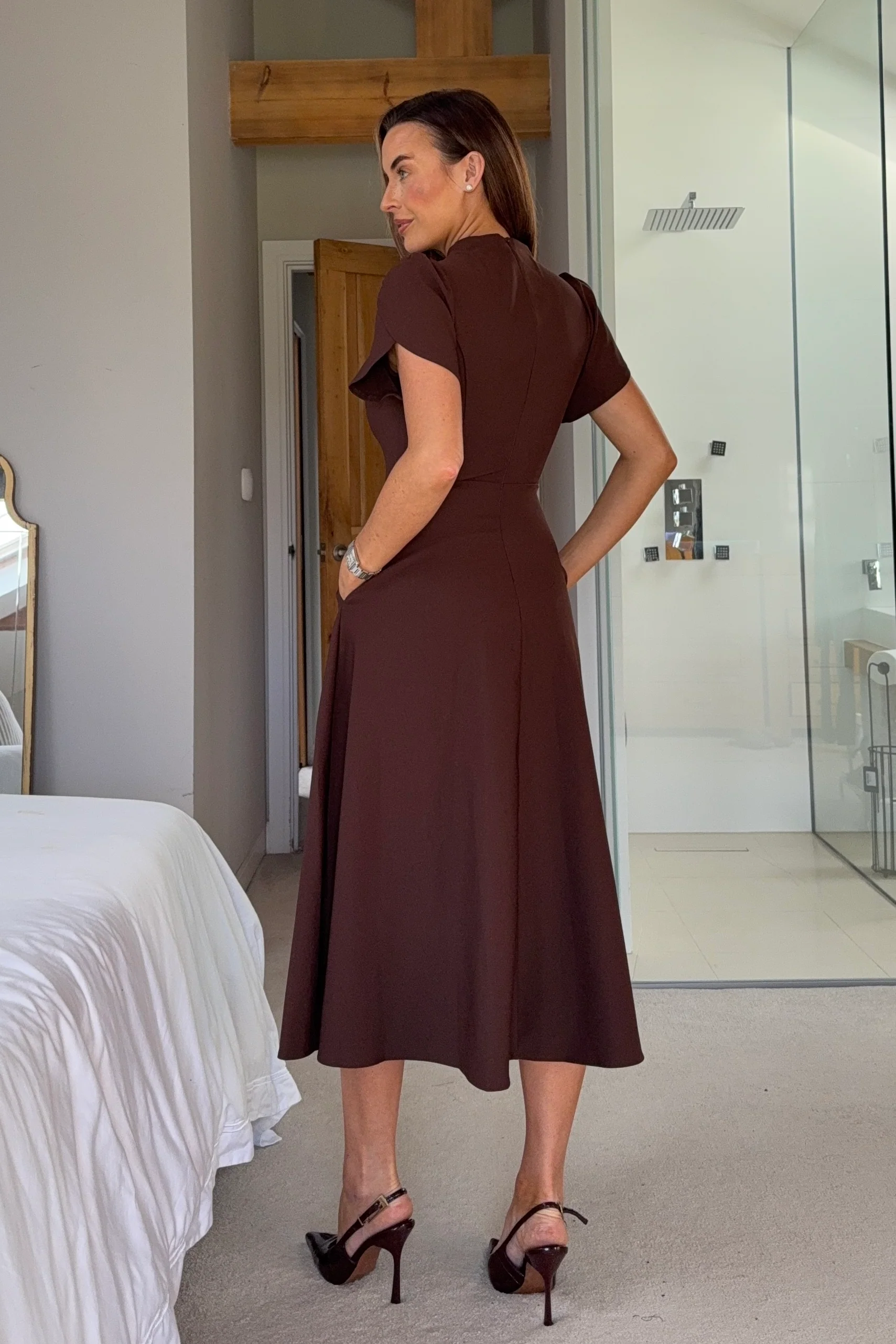 Katisha Tulip Sleeve High Neck Midi Dress Brown - Image 5
