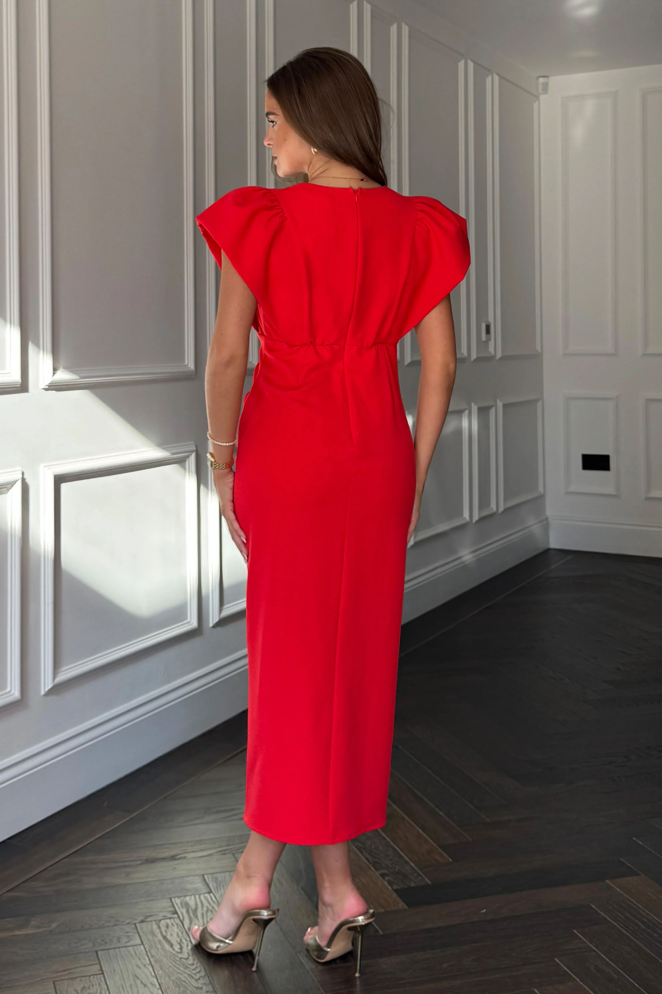 Katniss Statement Sleeve Pleat Detail Midi Dress Red - Image 4