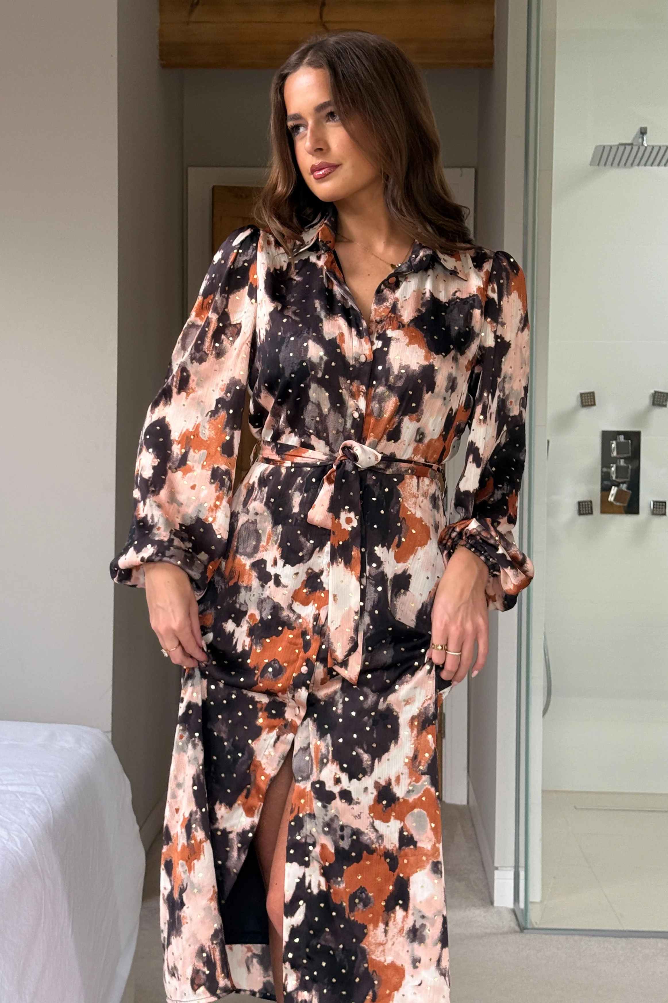 Kaya Foiled Abstract Brown Print Midi Shirt Dress - Image 2
