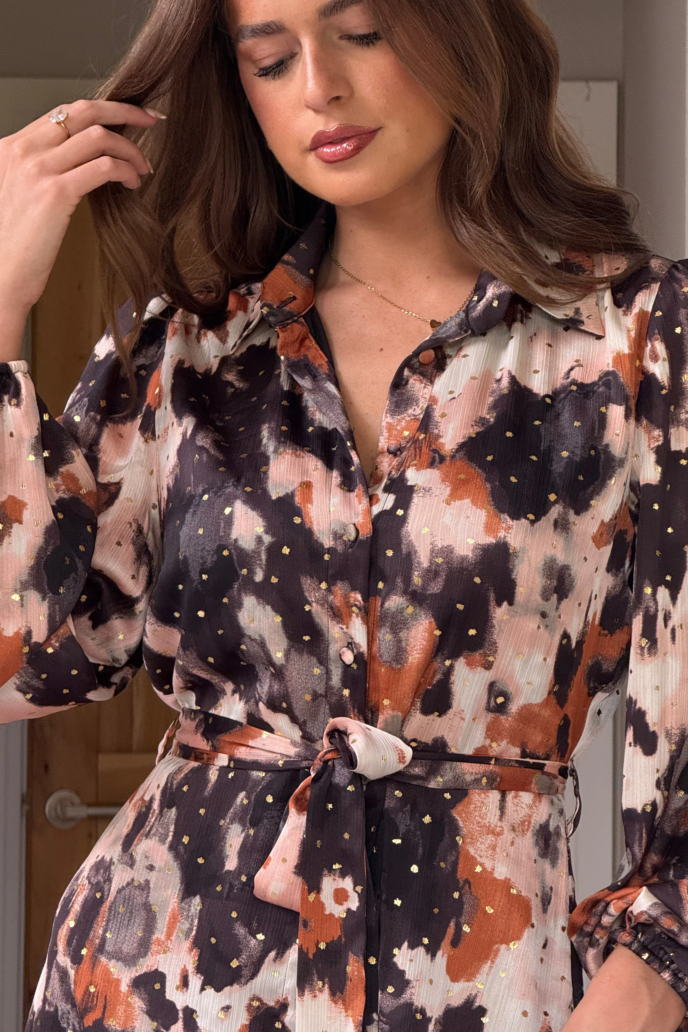 Kaya Foiled Abstract Brown Print Midi Shirt Dress - Image 3