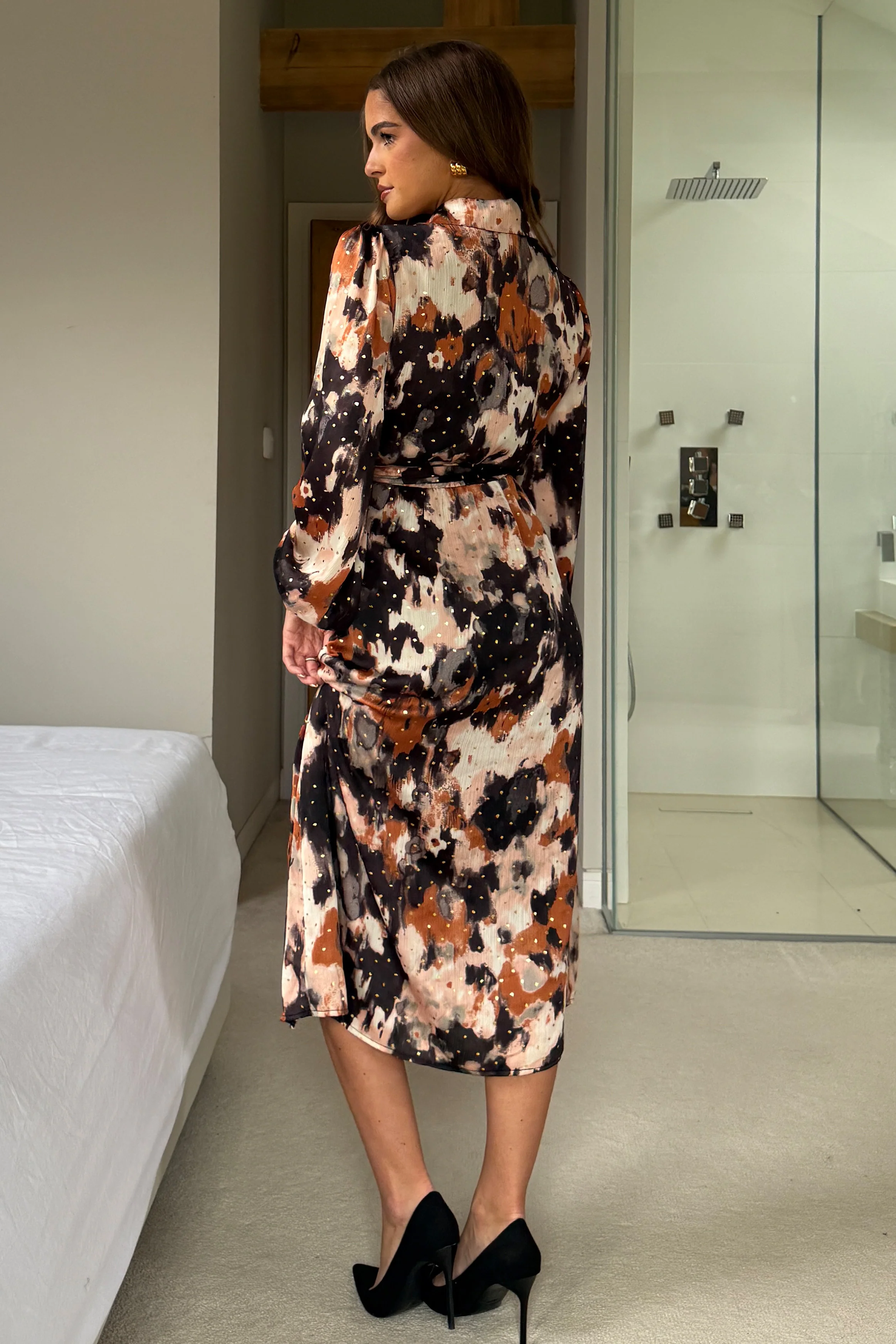Kaya Foiled Abstract Brown Print Midi Shirt Dress - Image 6