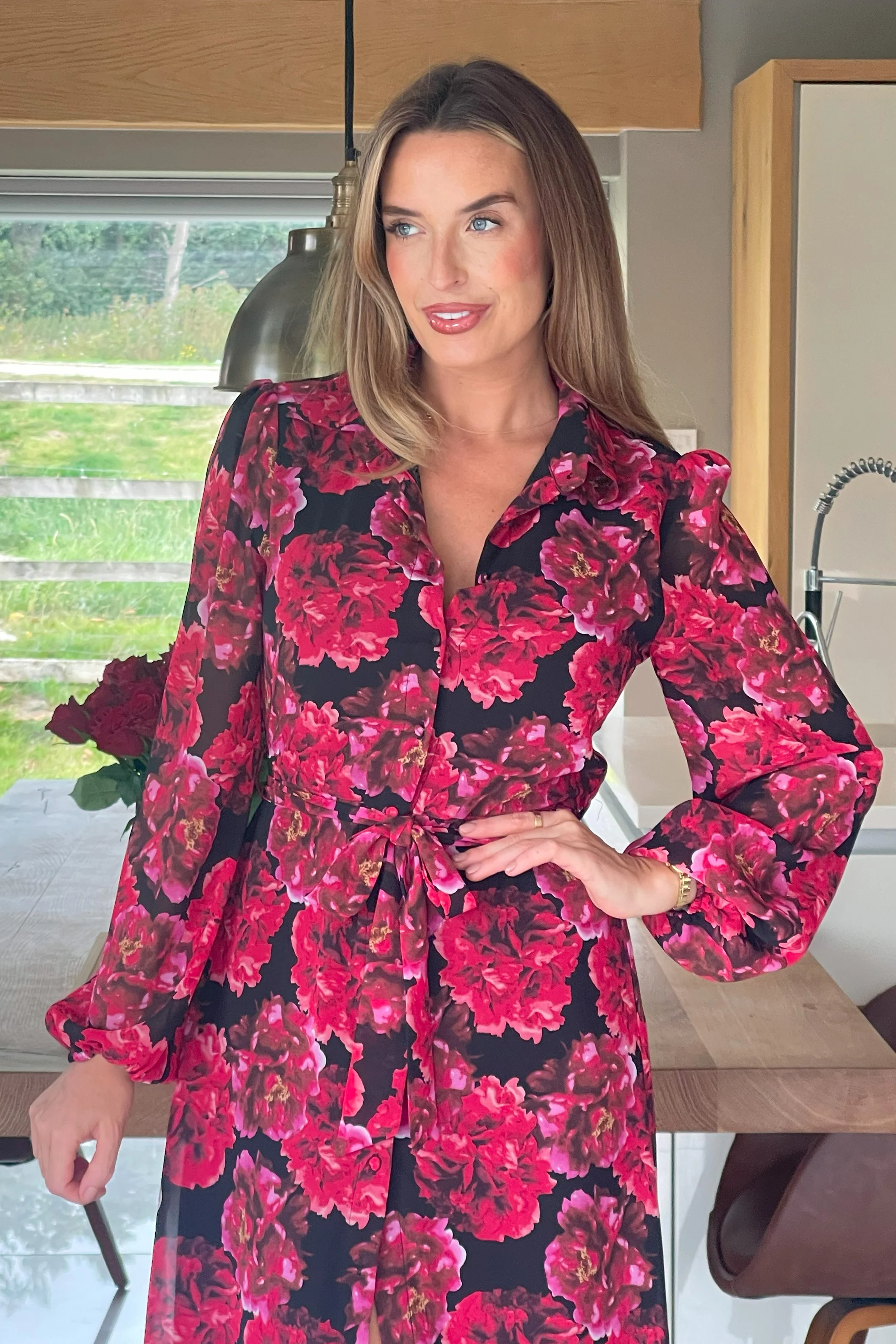 Kaya Red Floral Print Midi Shirt Dress - Image 3