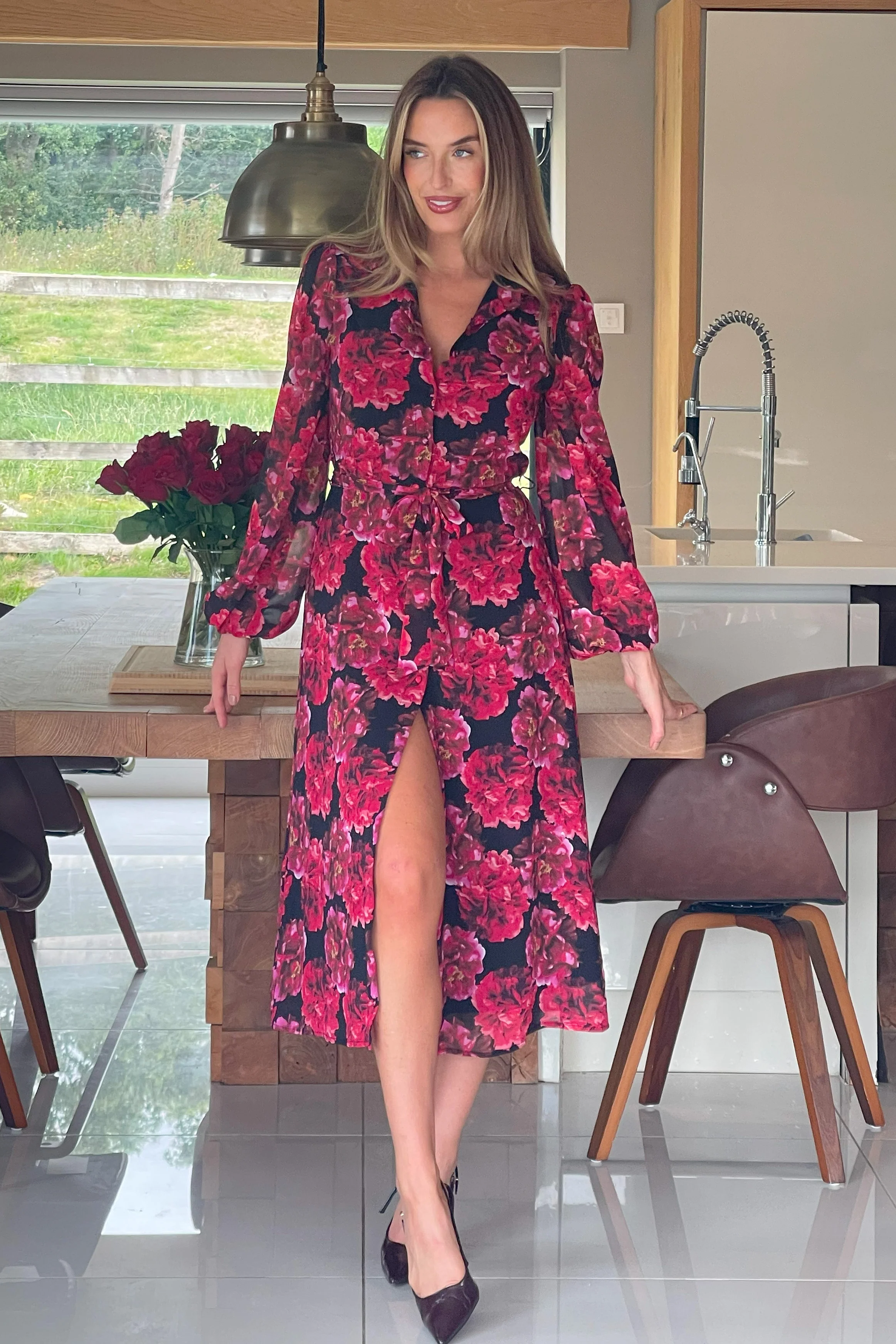 Kaya Red Floral Print Midi Shirt Dress - Image 4