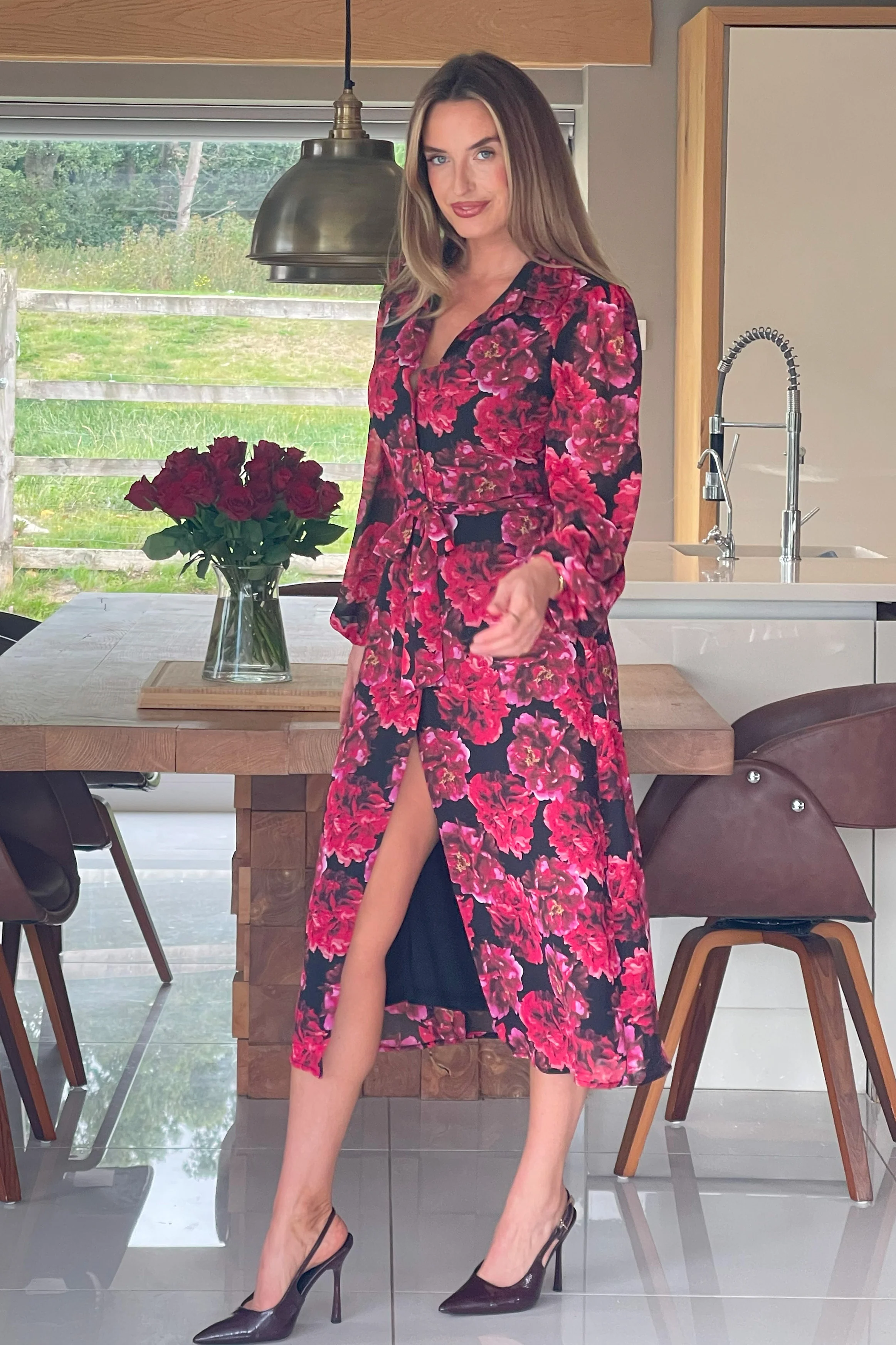 Kaya Red Floral Print Midi Shirt Dress - Image 5