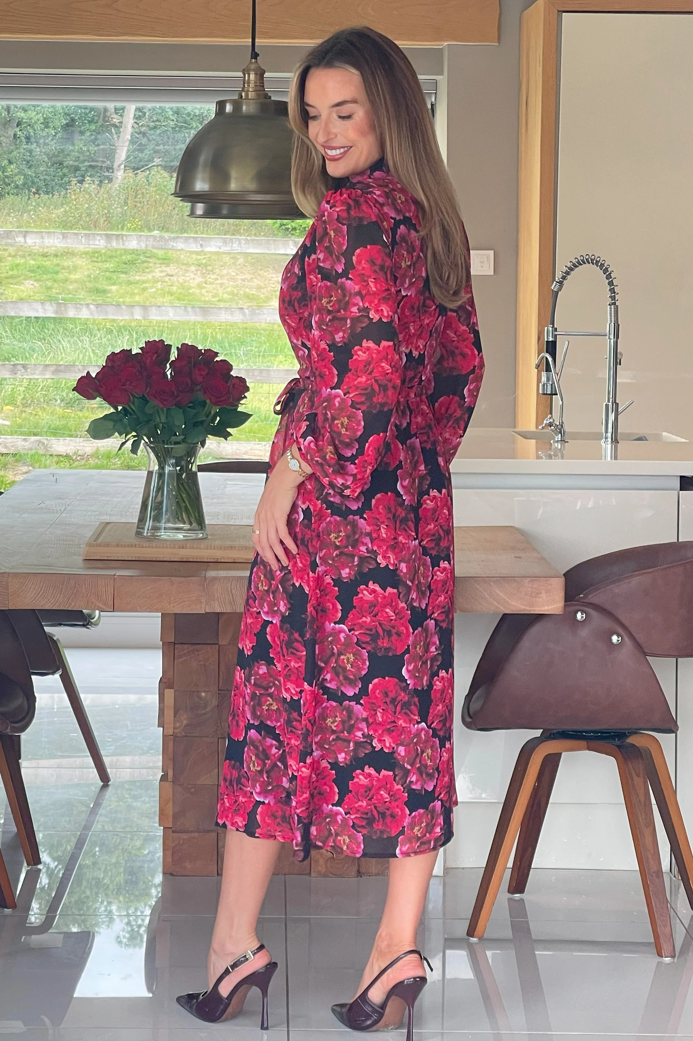 Kaya Red Floral Print Midi Shirt Dress - Image 6