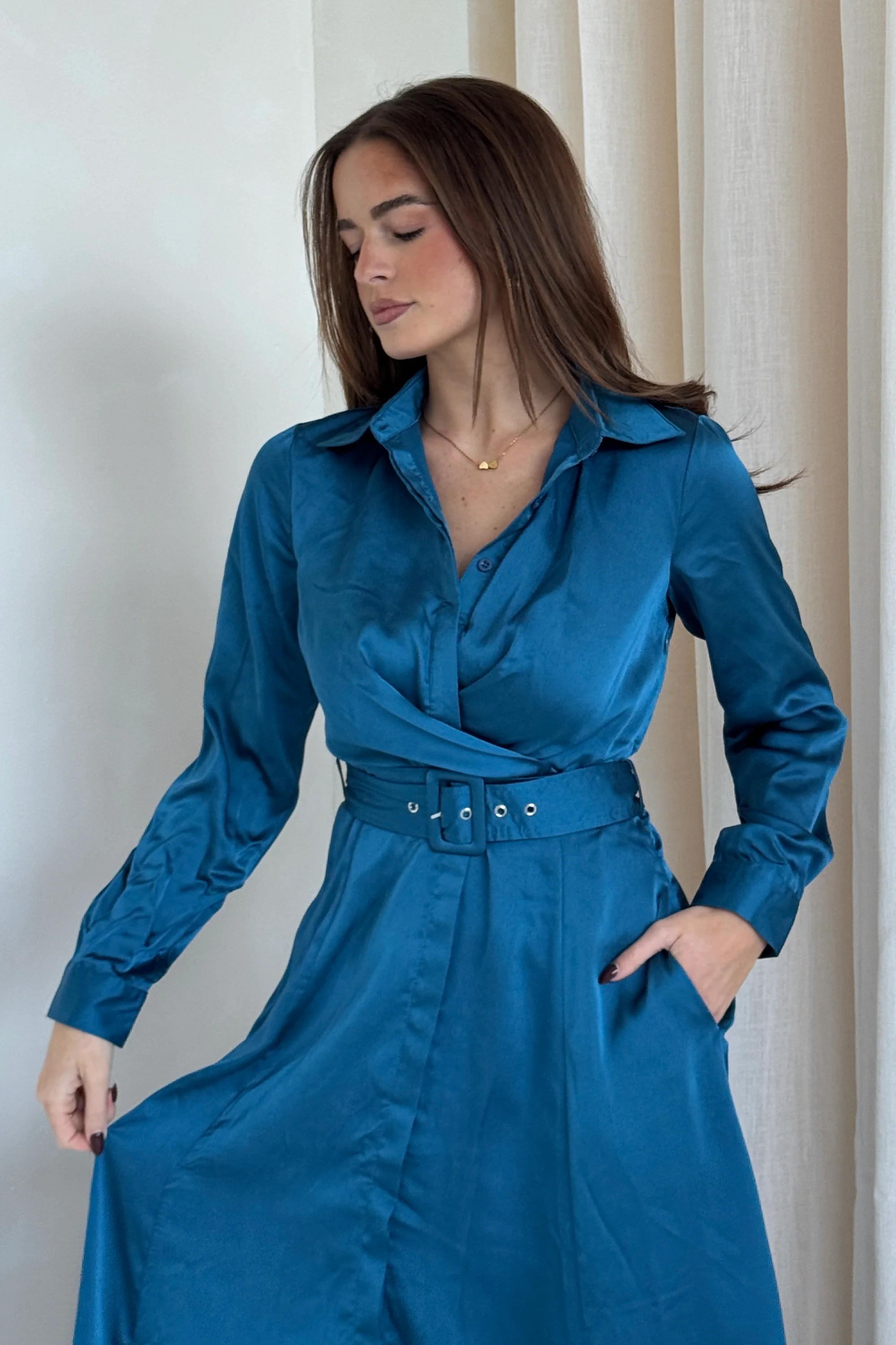 Kira Wrap Detail Maxi Shirt Dress In Petrol Blue - Image 2