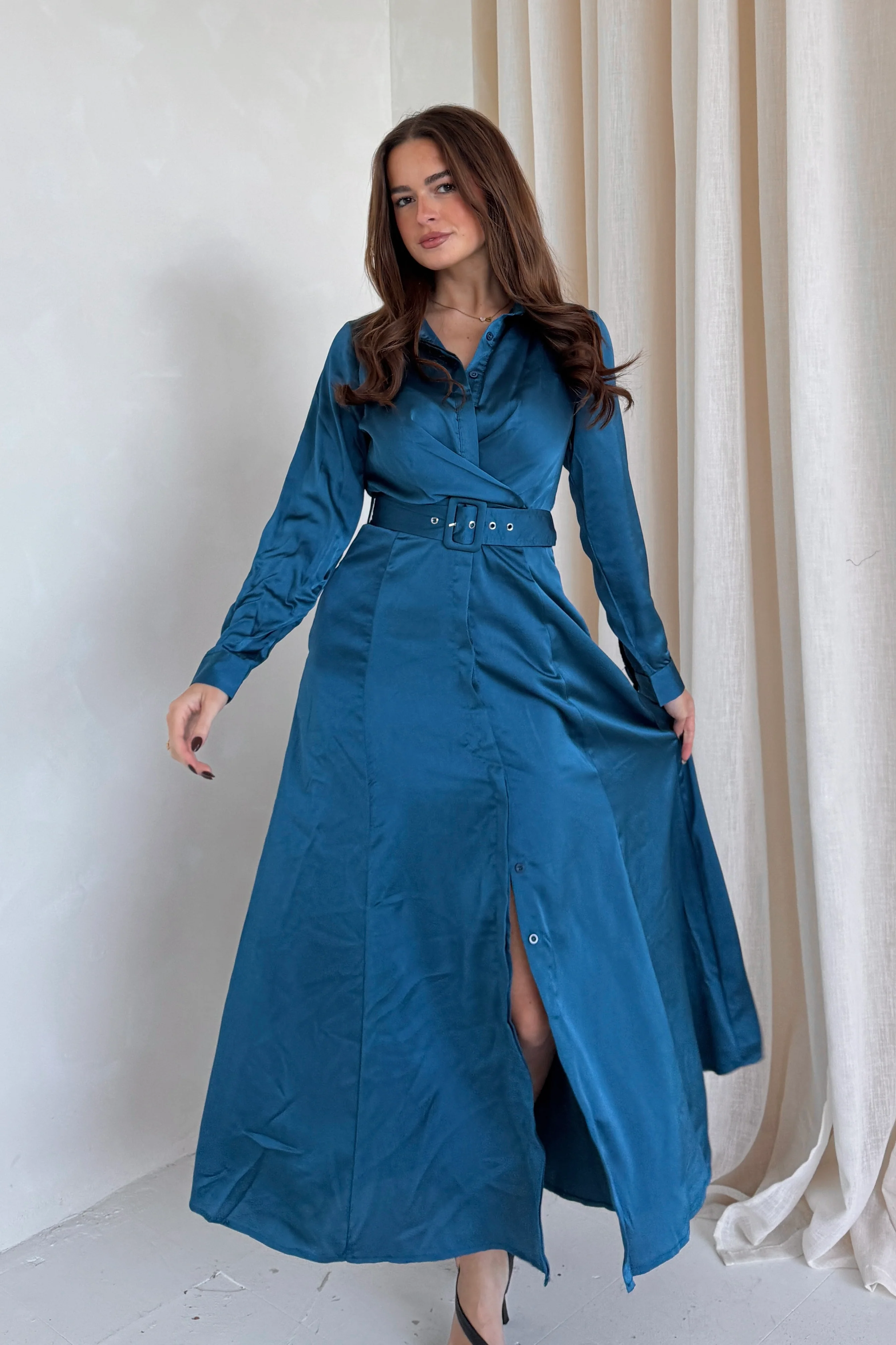 Kira Wrap Detail Maxi Shirt Dress In Petrol Blue - Image 3