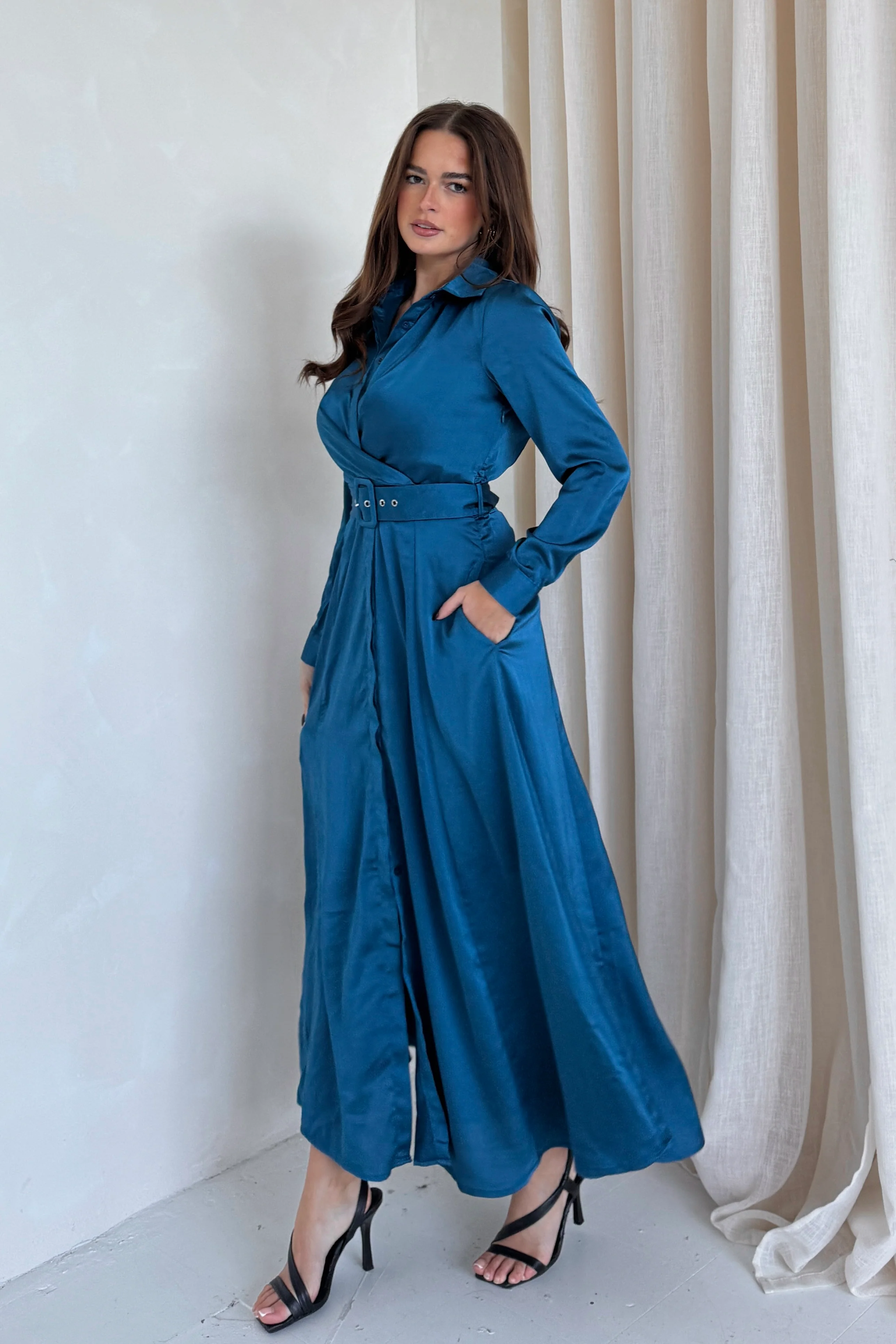 Kira Wrap Detail Maxi Shirt Dress In Petrol Blue - Image 4