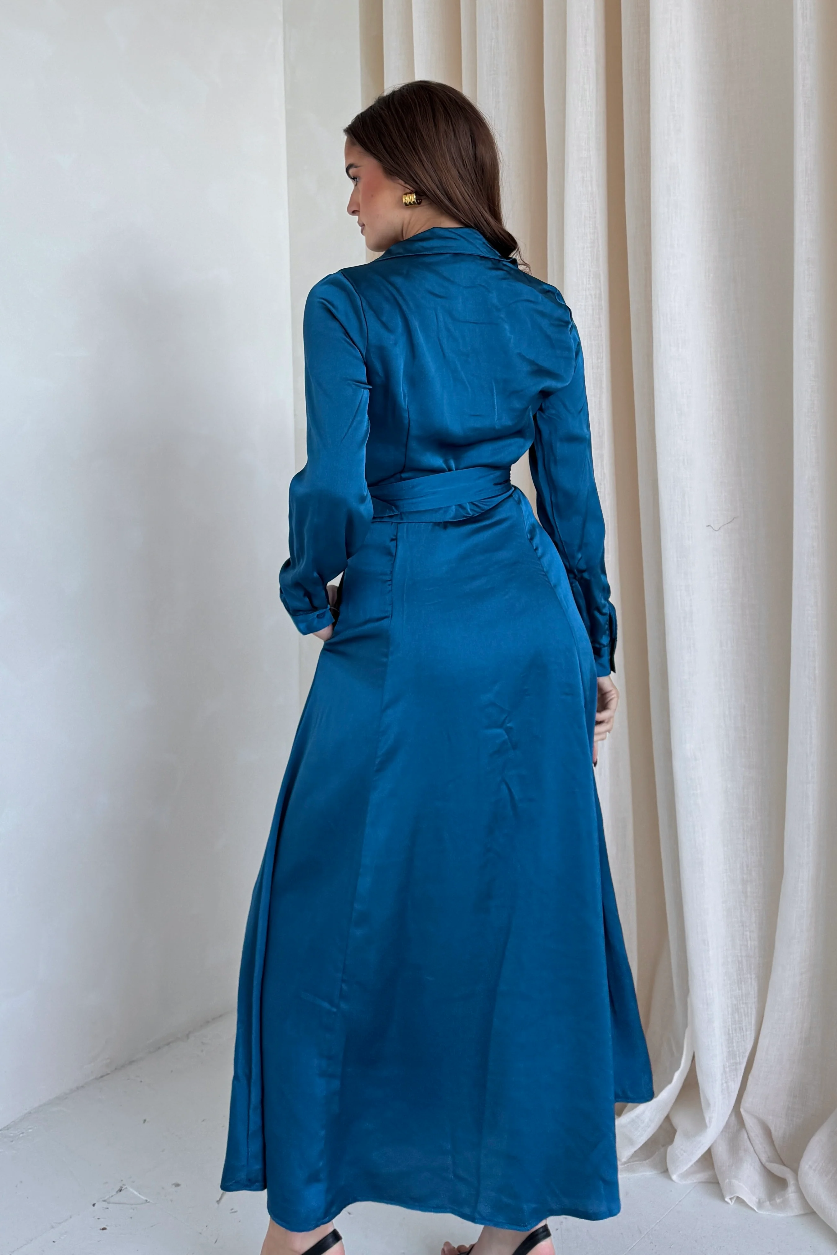 Kira Wrap Detail Maxi Shirt Dress In Petrol Blue - Image 5