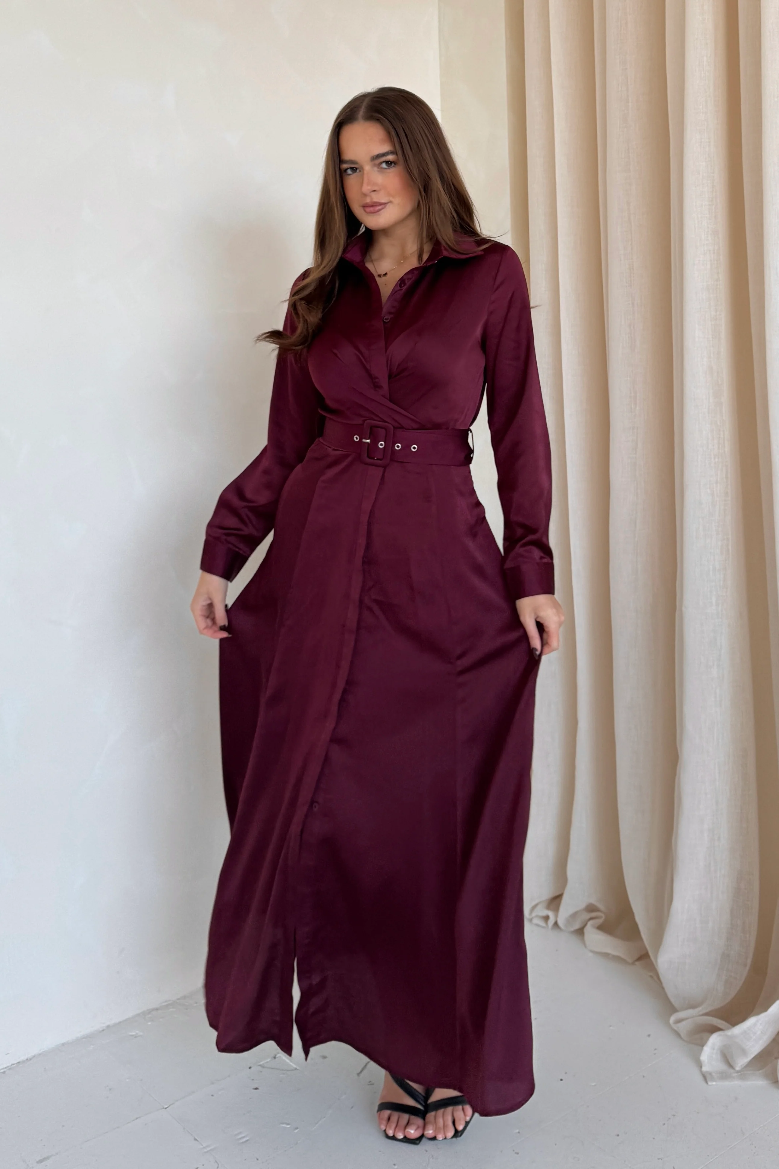Kira Wrap Detail Maxi Shirt Dress Wine - Image 3