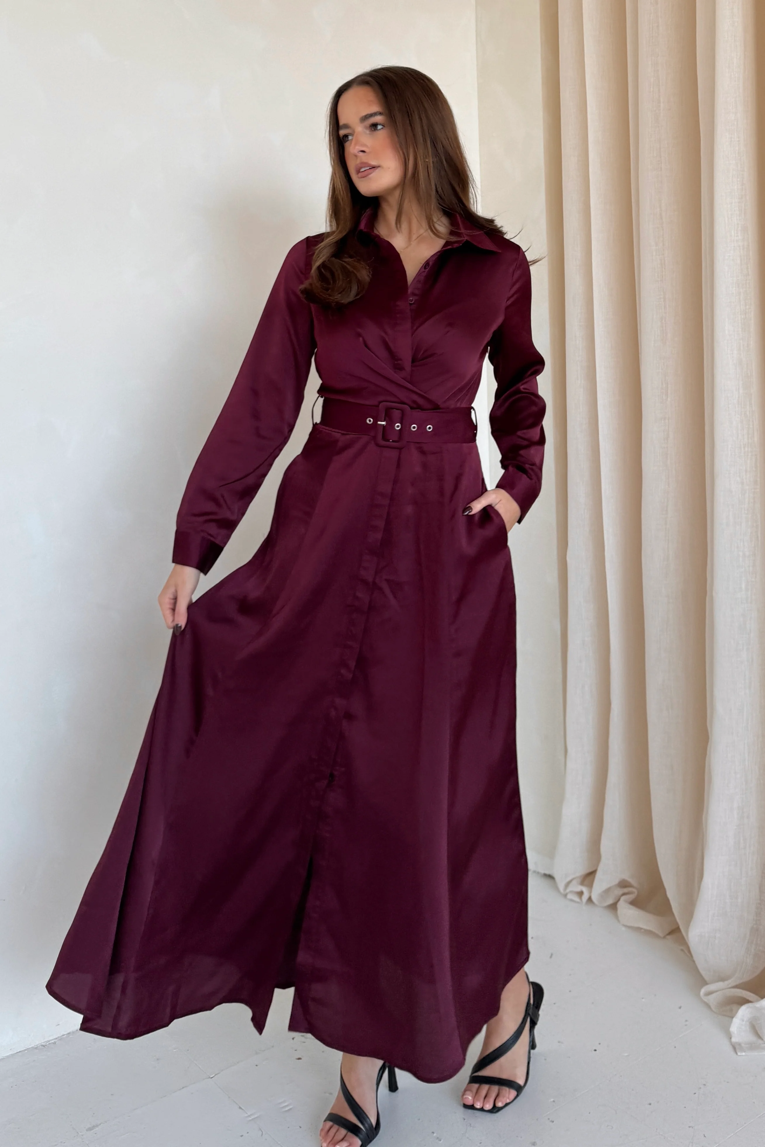 Kira Wrap Detail Maxi Shirt Dress Wine - Image 4