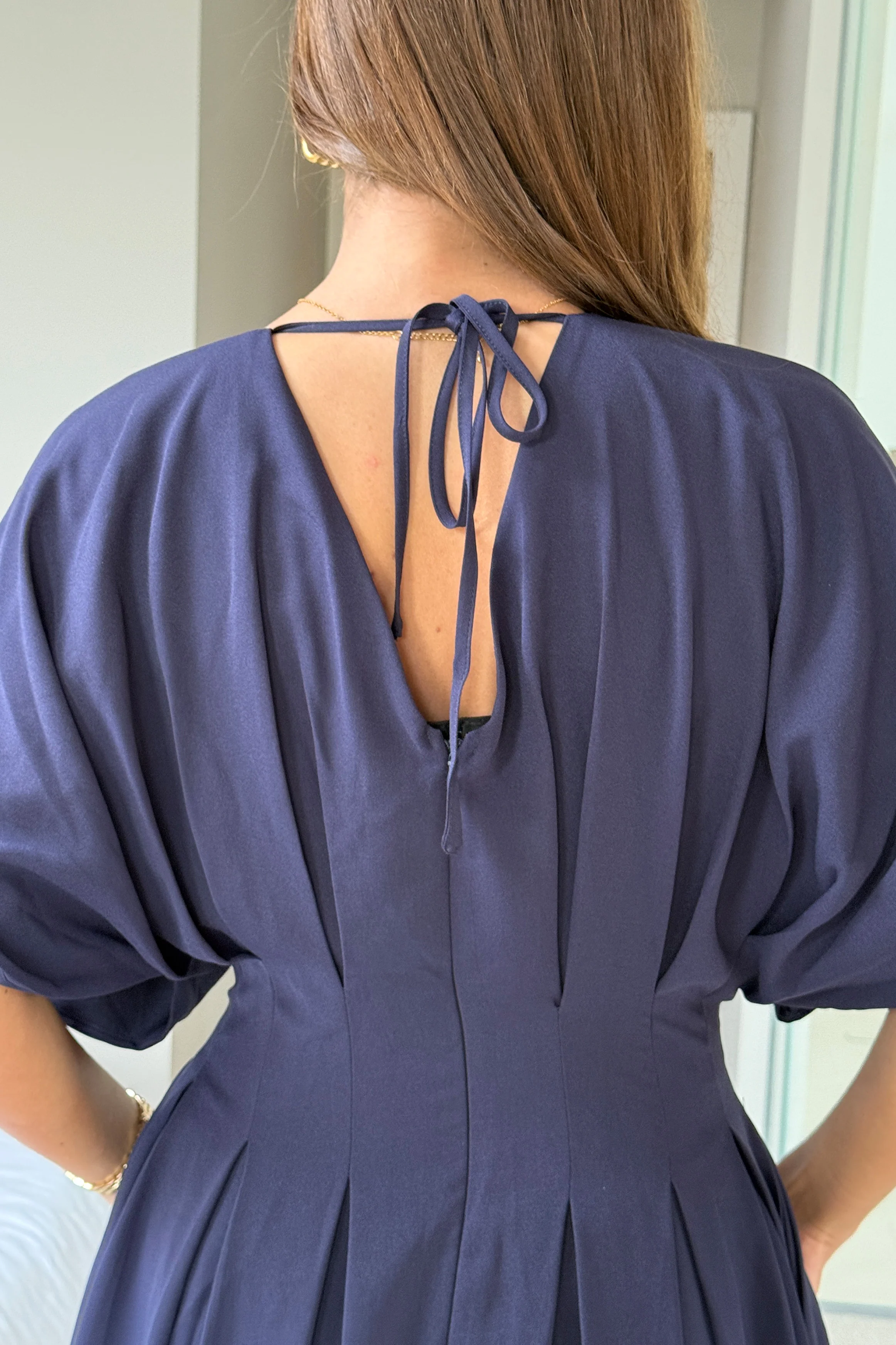 Laura V-Neck Short Sleeve Flowy Navy Midi Dress - Image 6