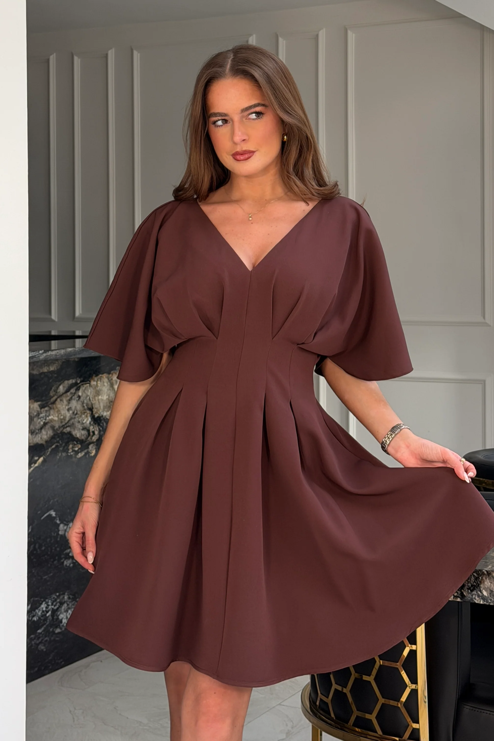 Laura V-Neck Short Sleeve Flowy Brown Mini Dress - Image 2