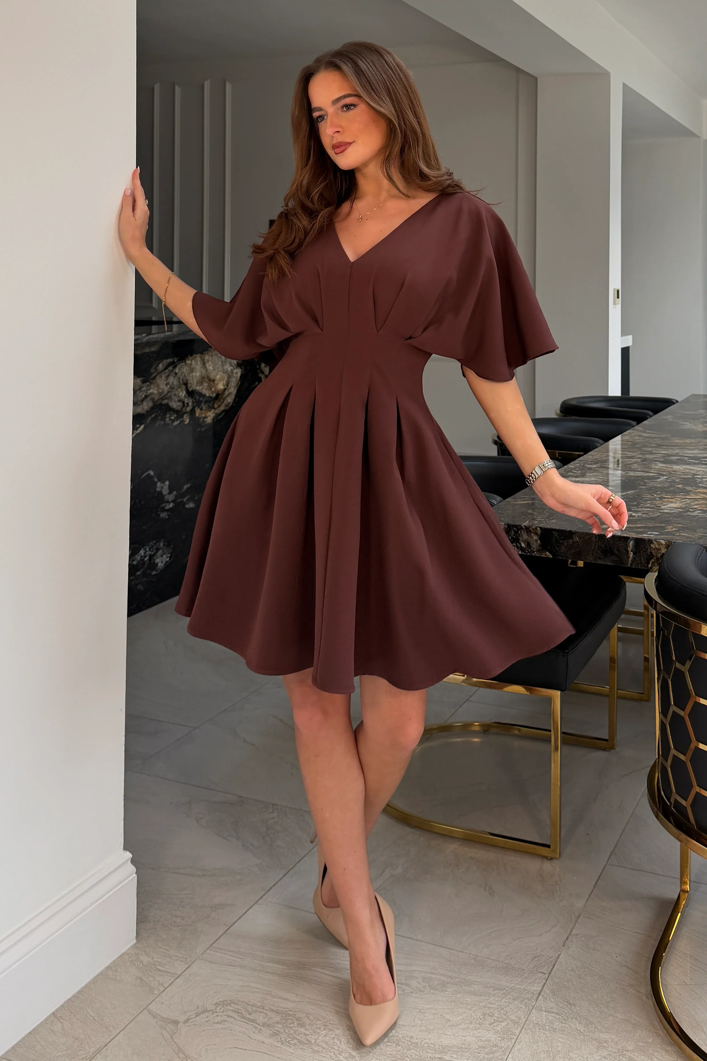 Laura V-Neck Short Sleeve Flowy Brown Mini Dress - Image 3