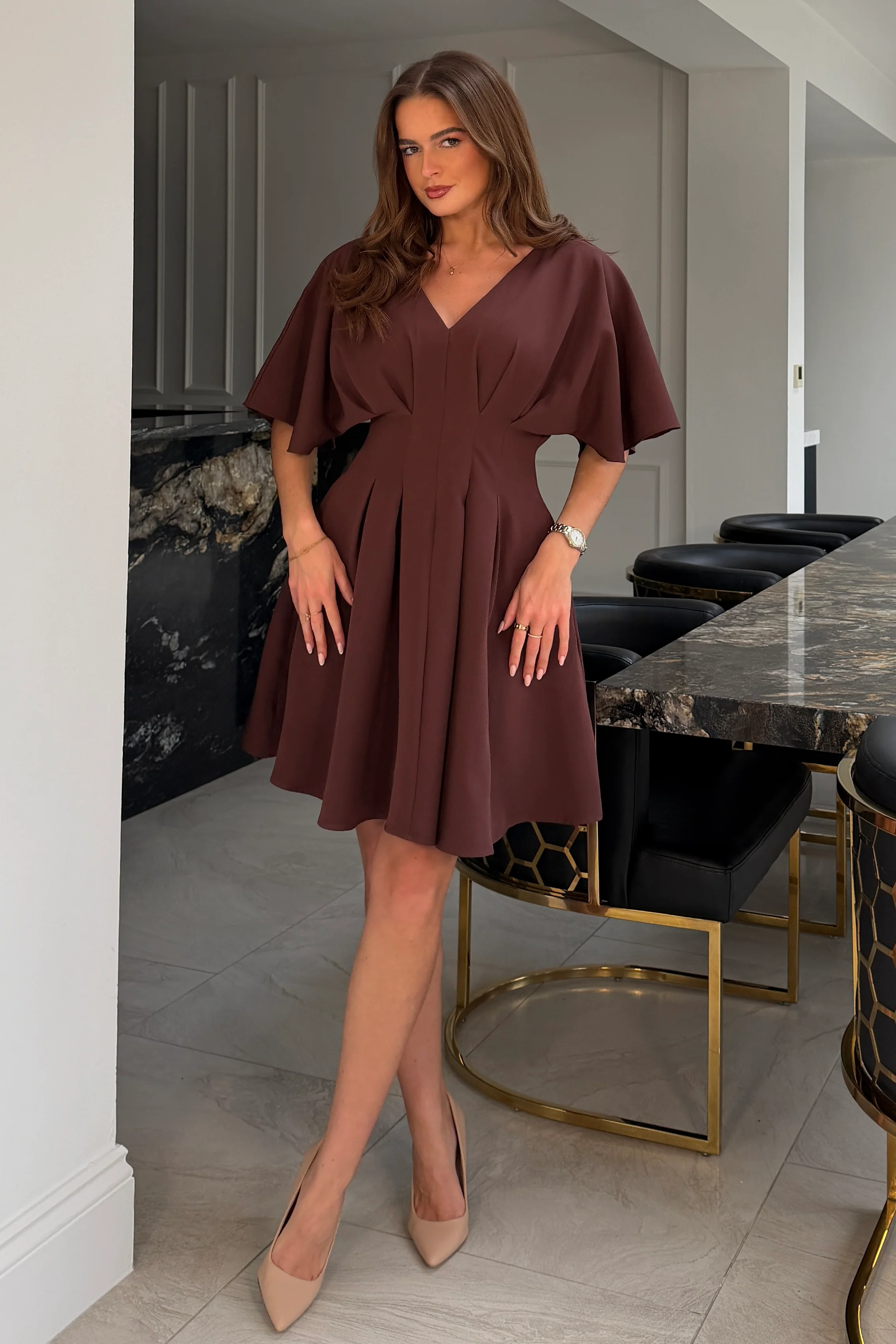 Laura V-Neck Short Sleeve Flowy Brown Mini Dress - Image 5