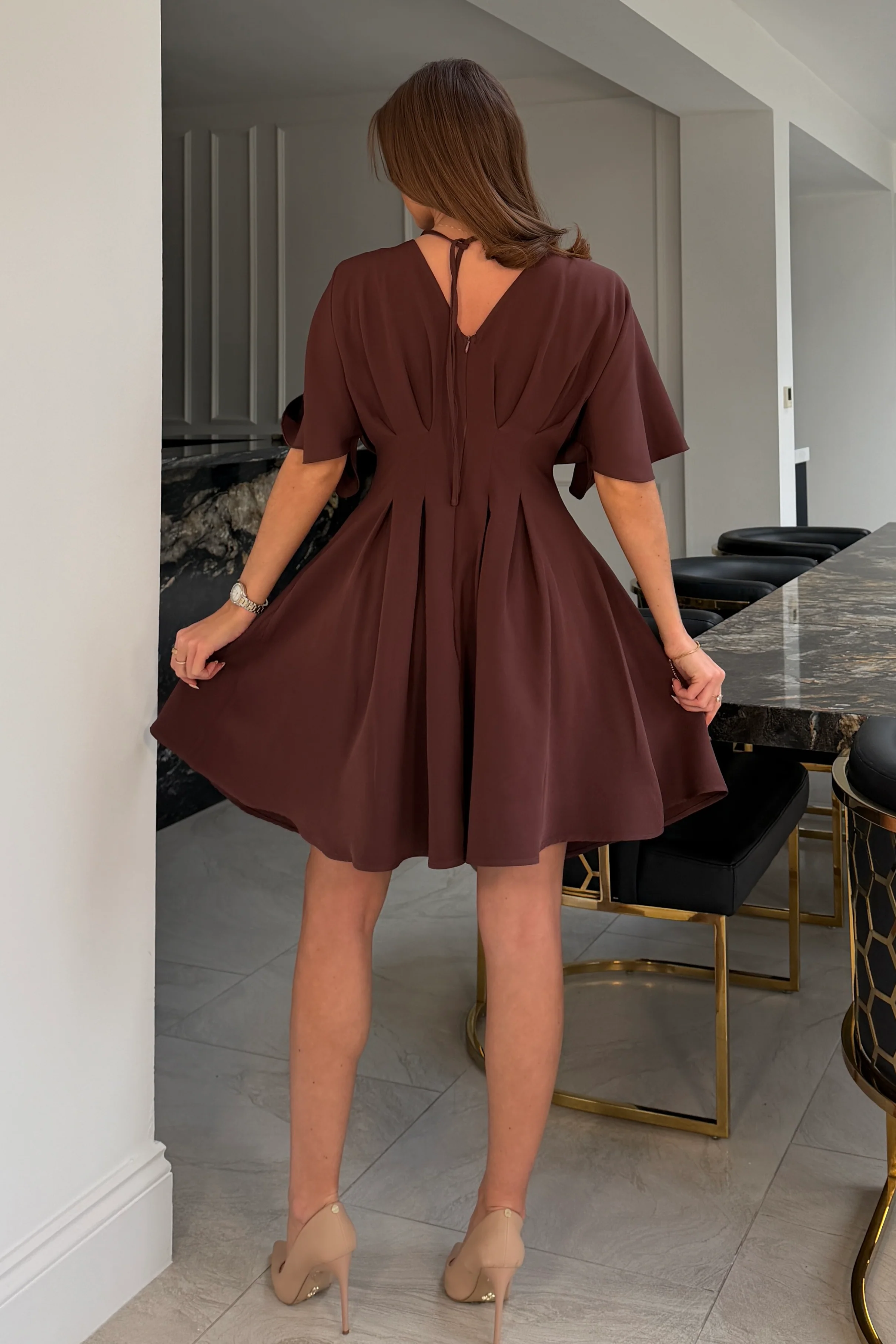 Laura V-Neck Short Sleeve Flowy Brown Mini Dress - Image 8