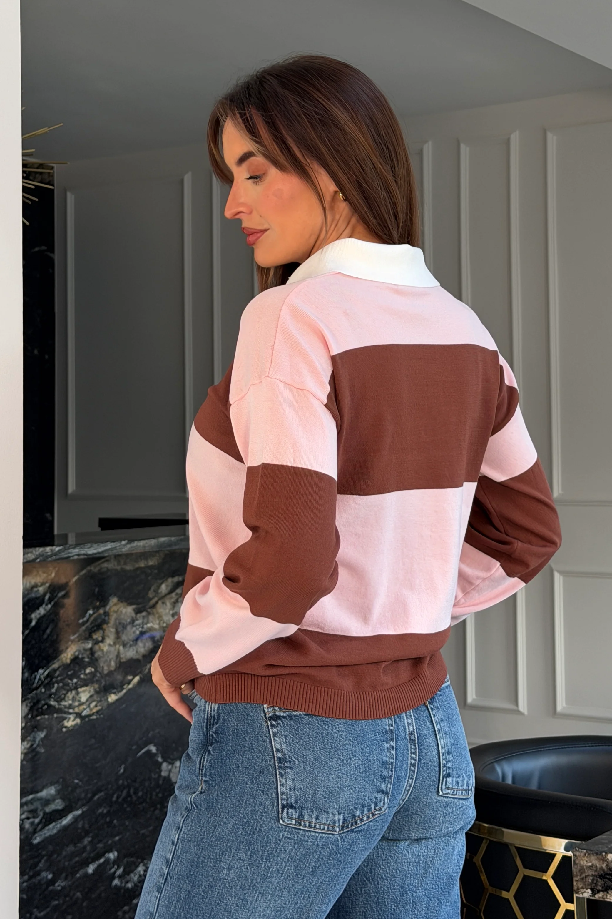 Lauren Stripe Knit Collar Top Pink - Image 4