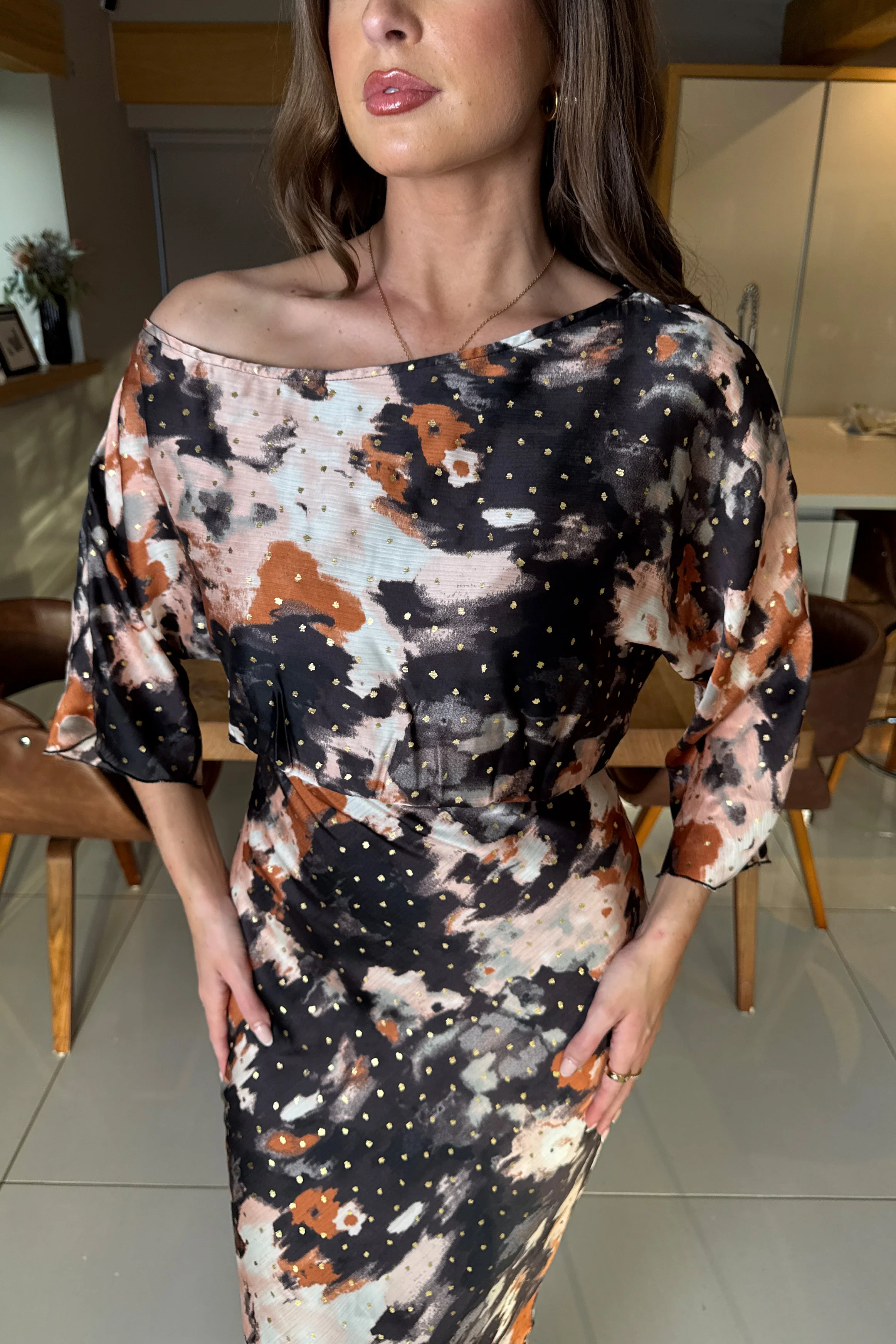 Leila Off the Shoulder Foiled Print Maxi Brown - Image 2