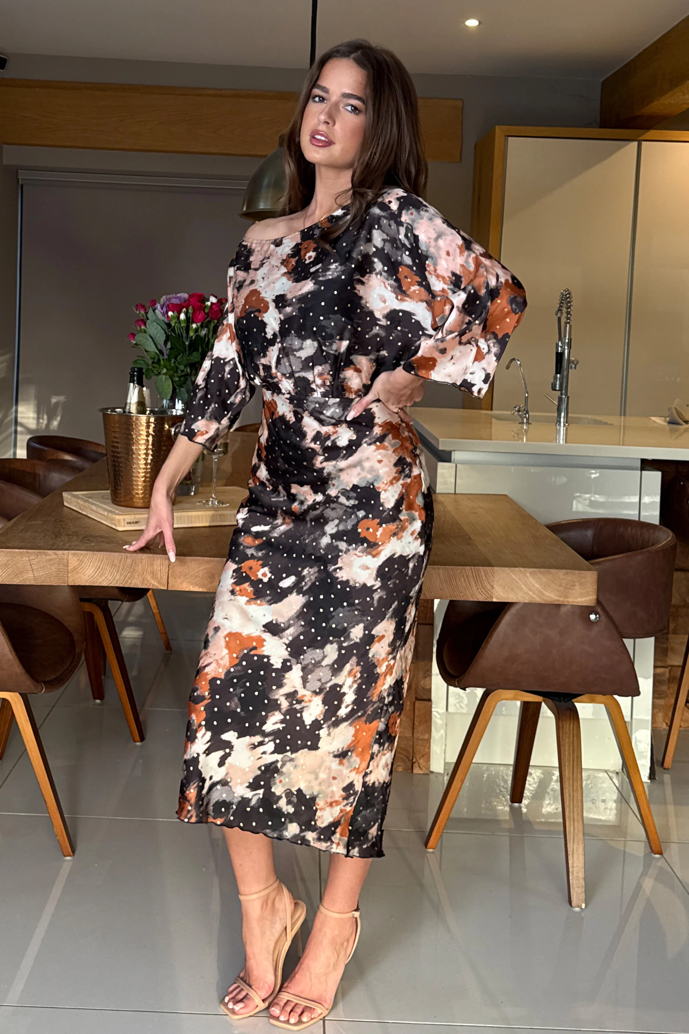 Leila Off the Shoulder Foiled Print Maxi Brown - Image 3