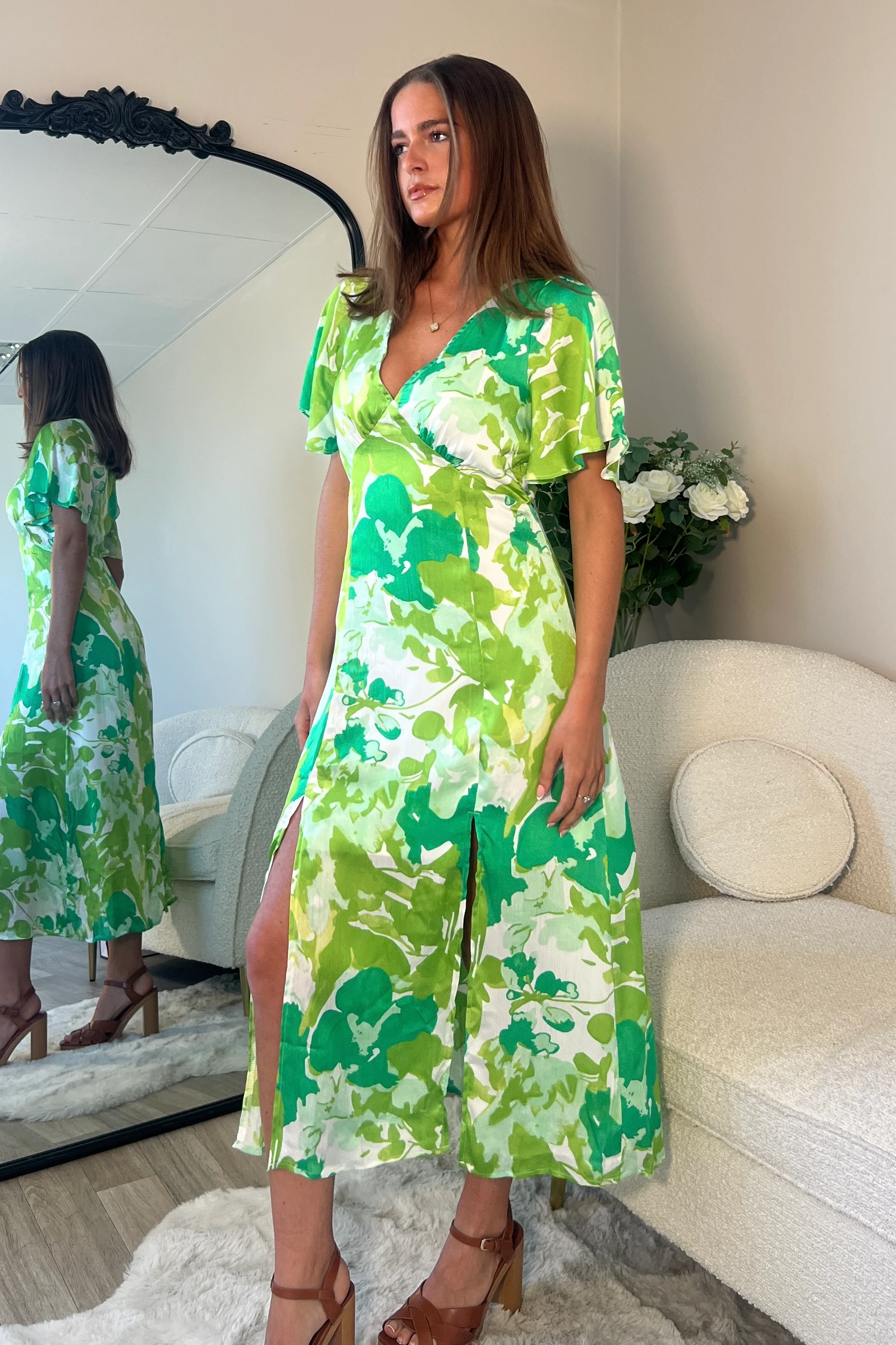 Levi Green Leaf Angel Sleeve Split Leg Midi Dress - Image 3