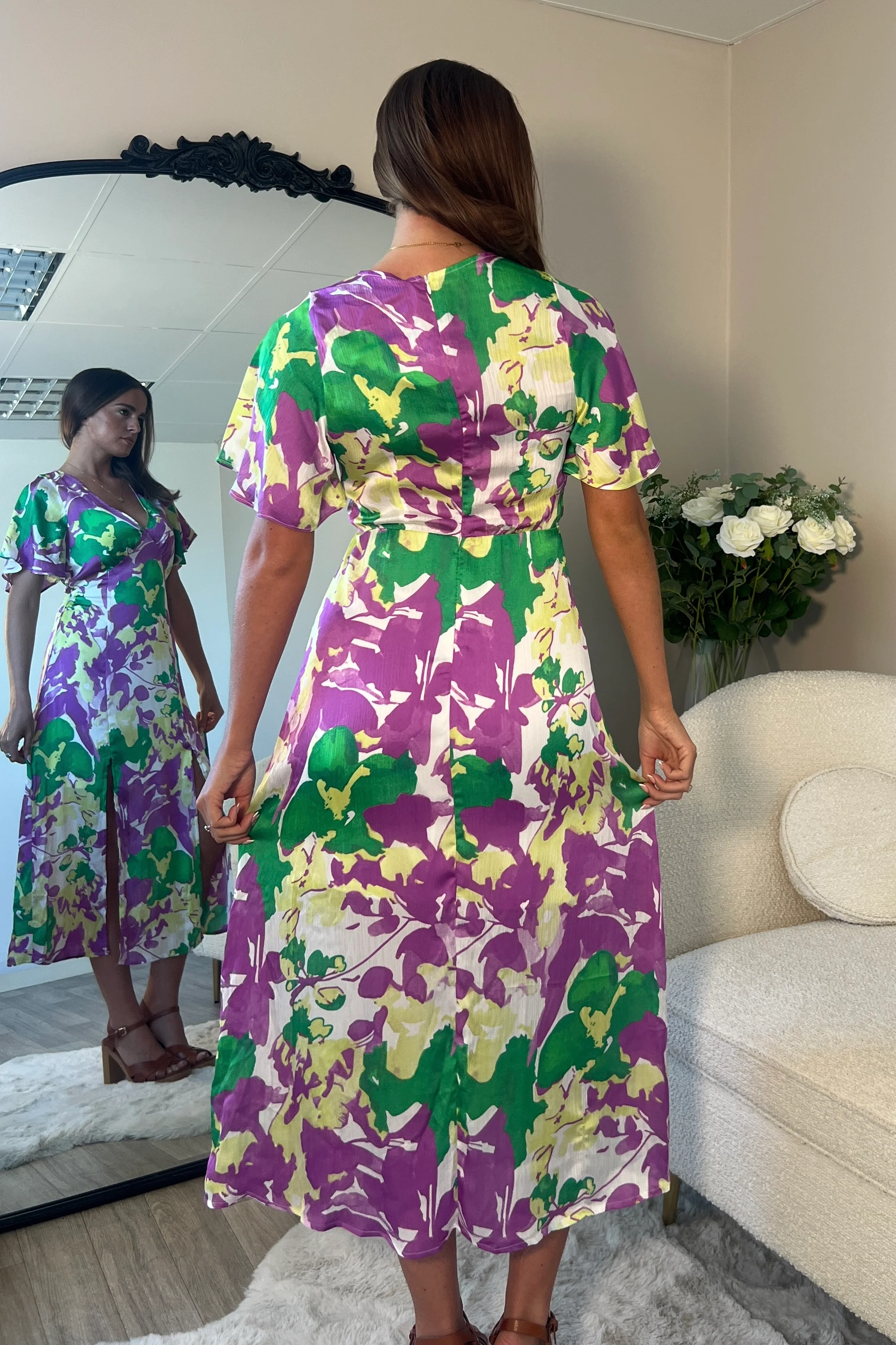 Levi Purple Angel Sleeve Split Leg Midi Dress - Image 4