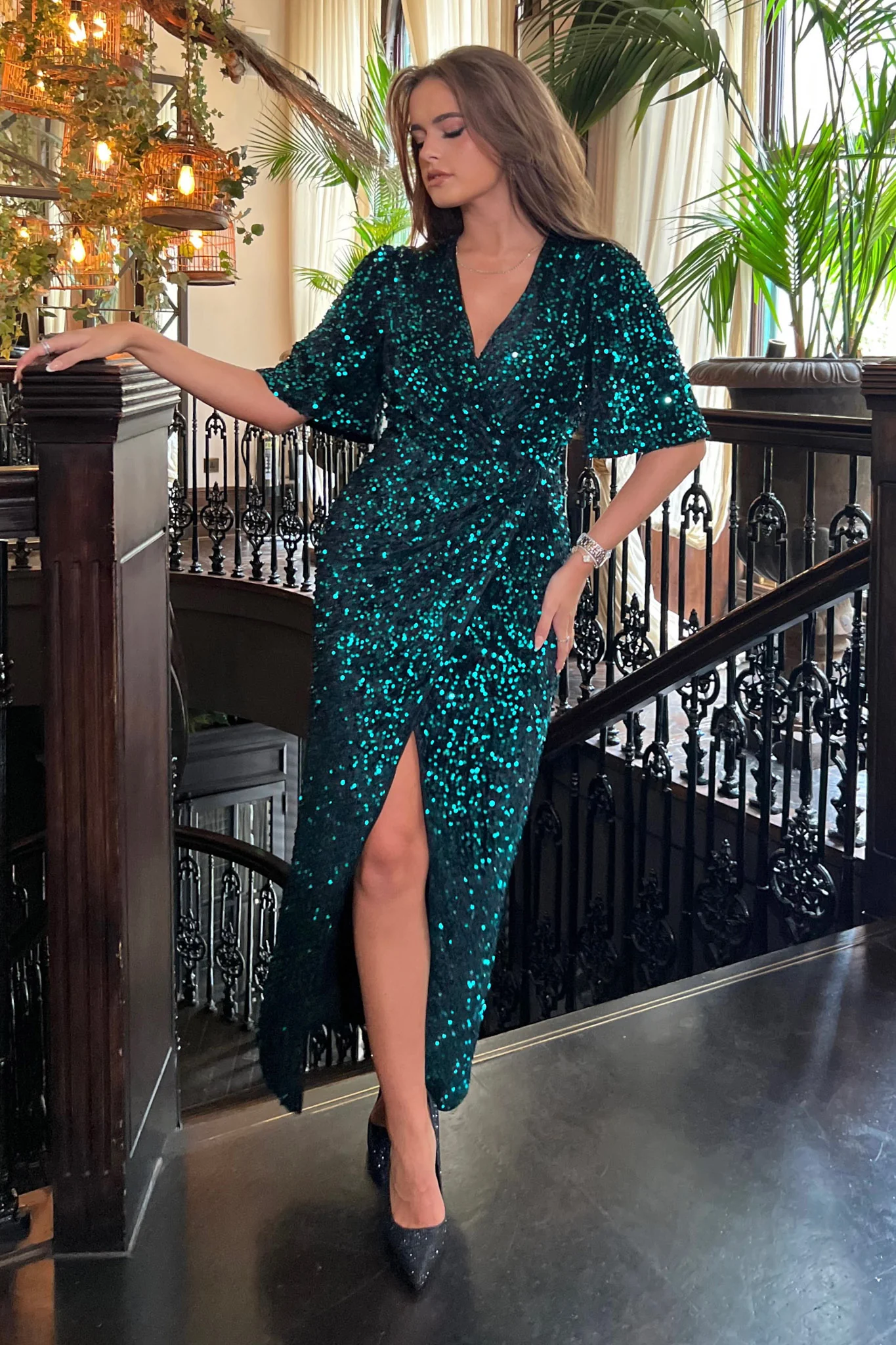 Lilah Green Velvet Sequin Occasion Maxi Dress - Image 2