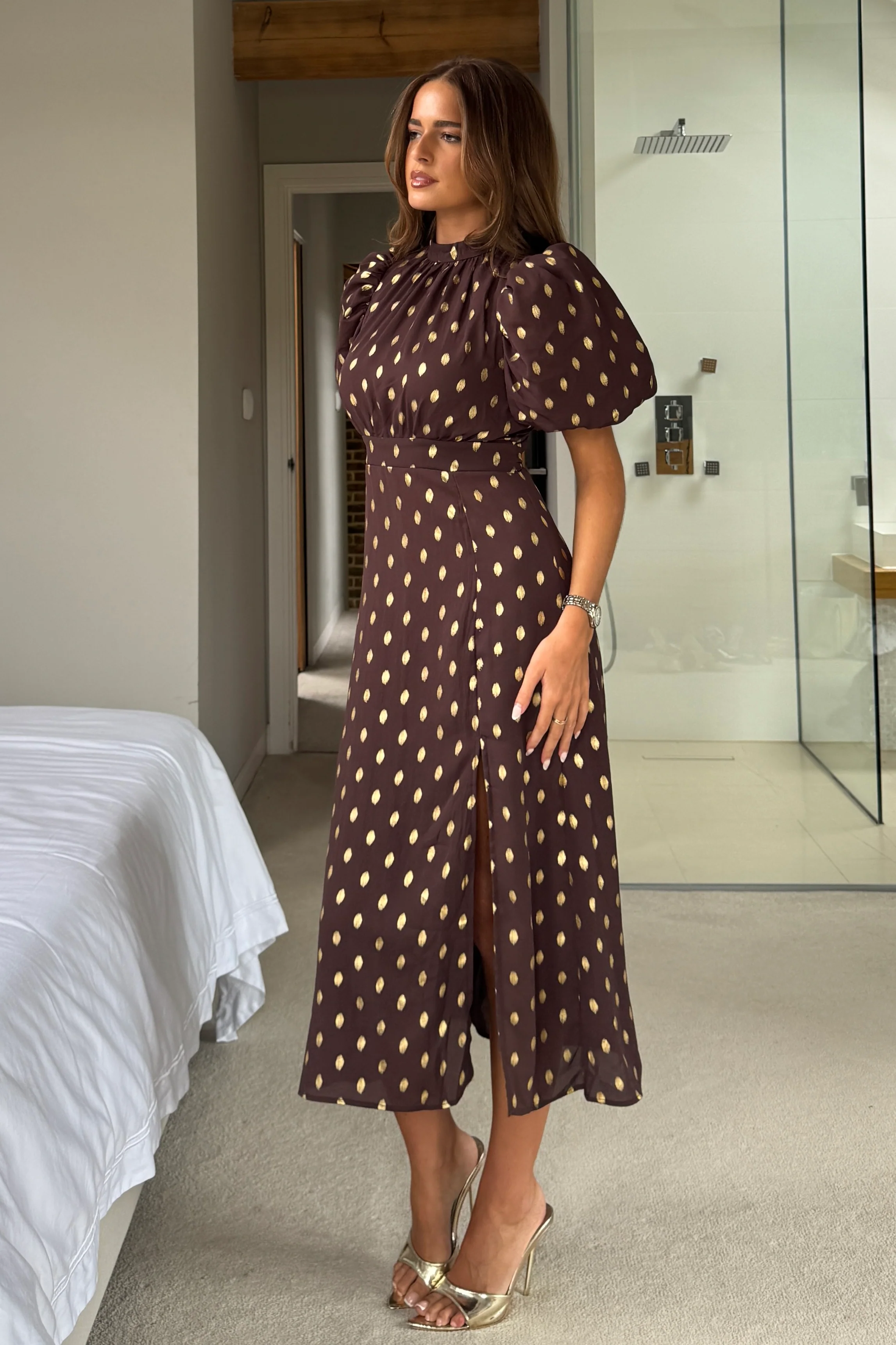Lilith Brown & Gold Puff Sleeve High Neck Midi Dress - Image 3