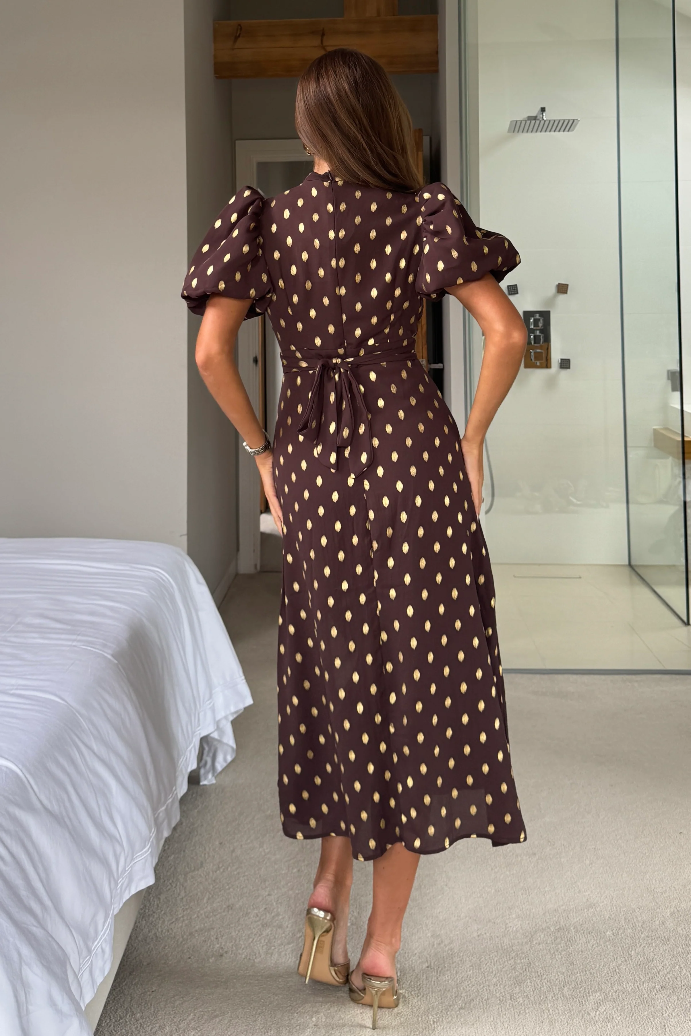 Lilith Brown & Gold Puff Sleeve High Neck Midi Dress - Image 4