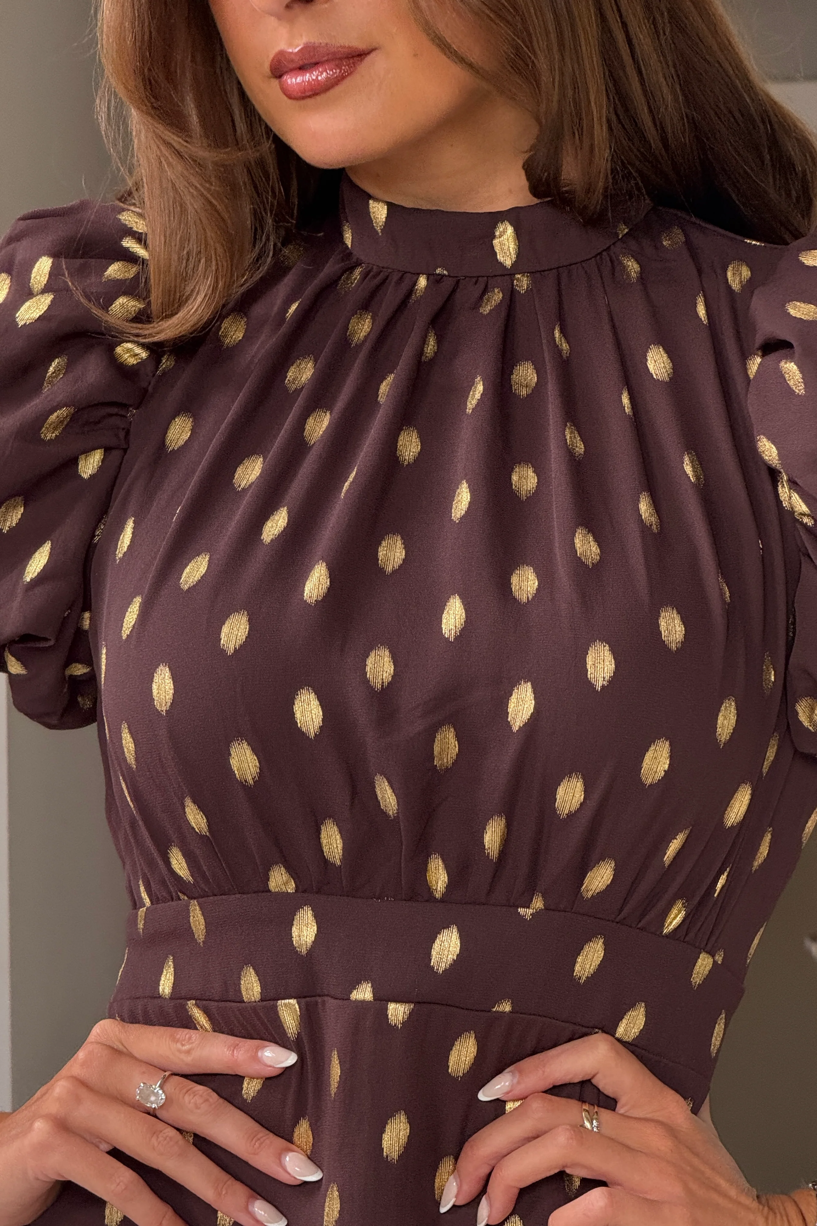 Lilith Brown & Gold Puff Sleeve High Neck Midi Dress - Image 5