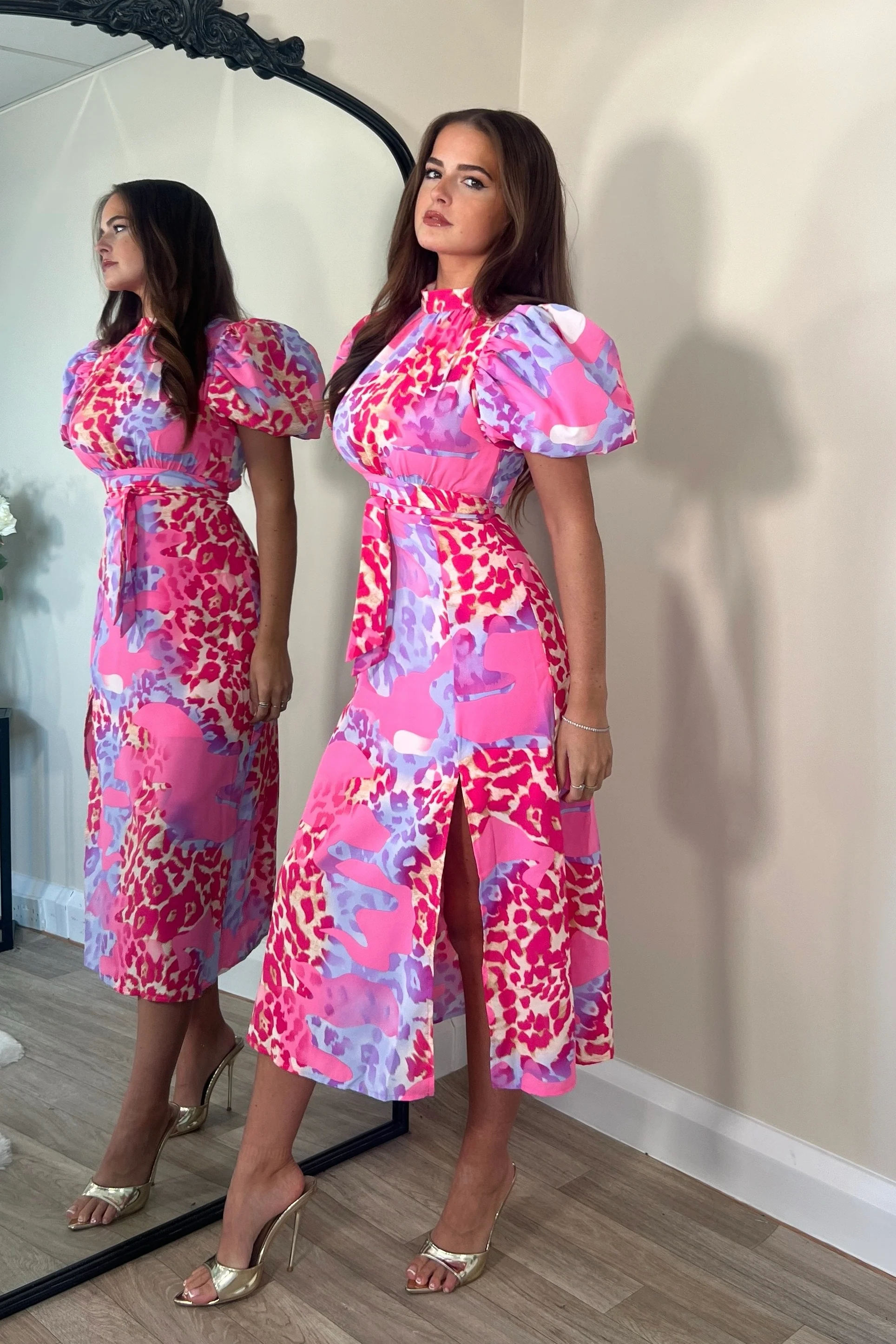 Lilith Multi Animal Puff Sleeve High Neck Midi Dress - Image 3