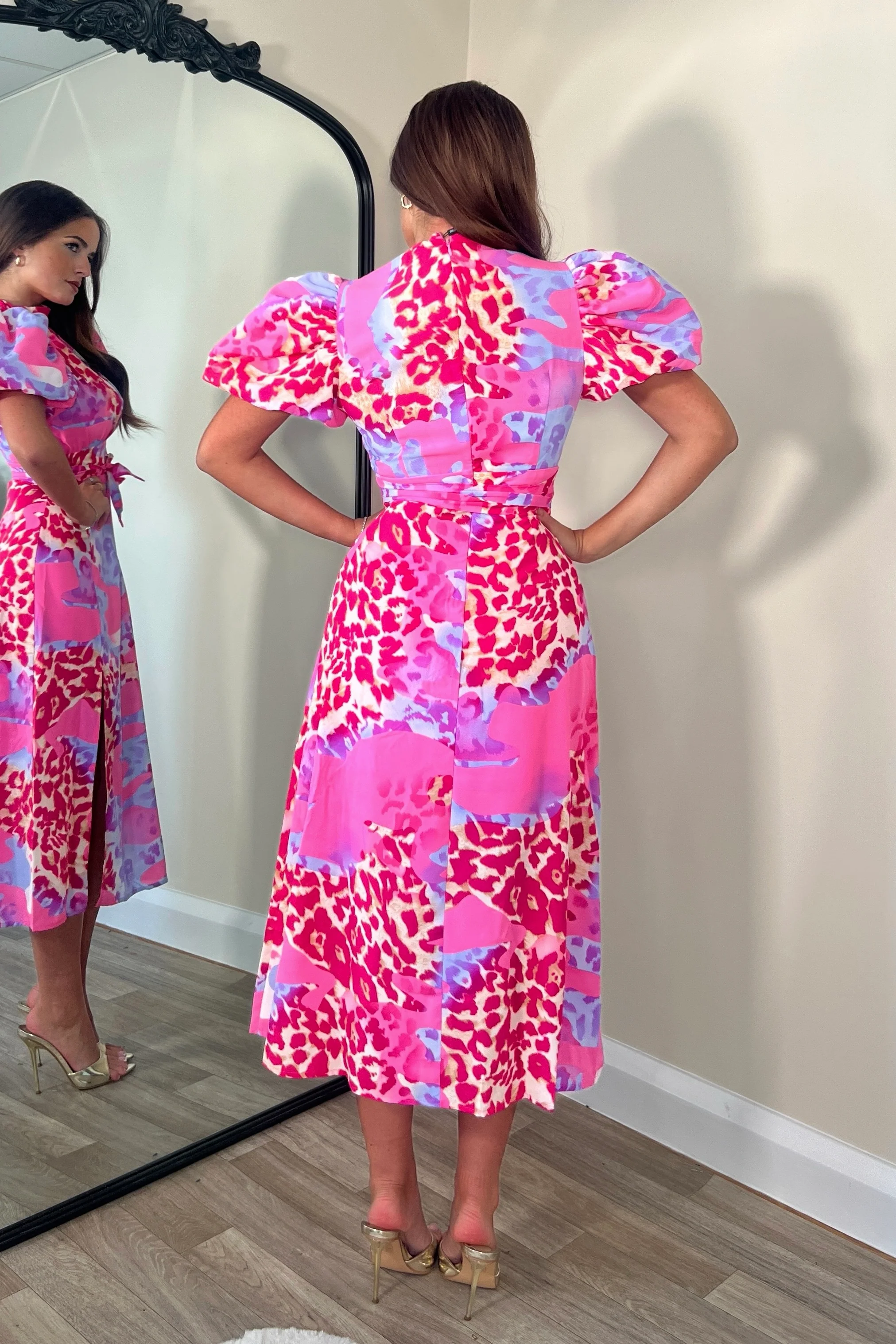 Lilith Multi Animal Puff Sleeve High Neck Midi Dress - Image 4