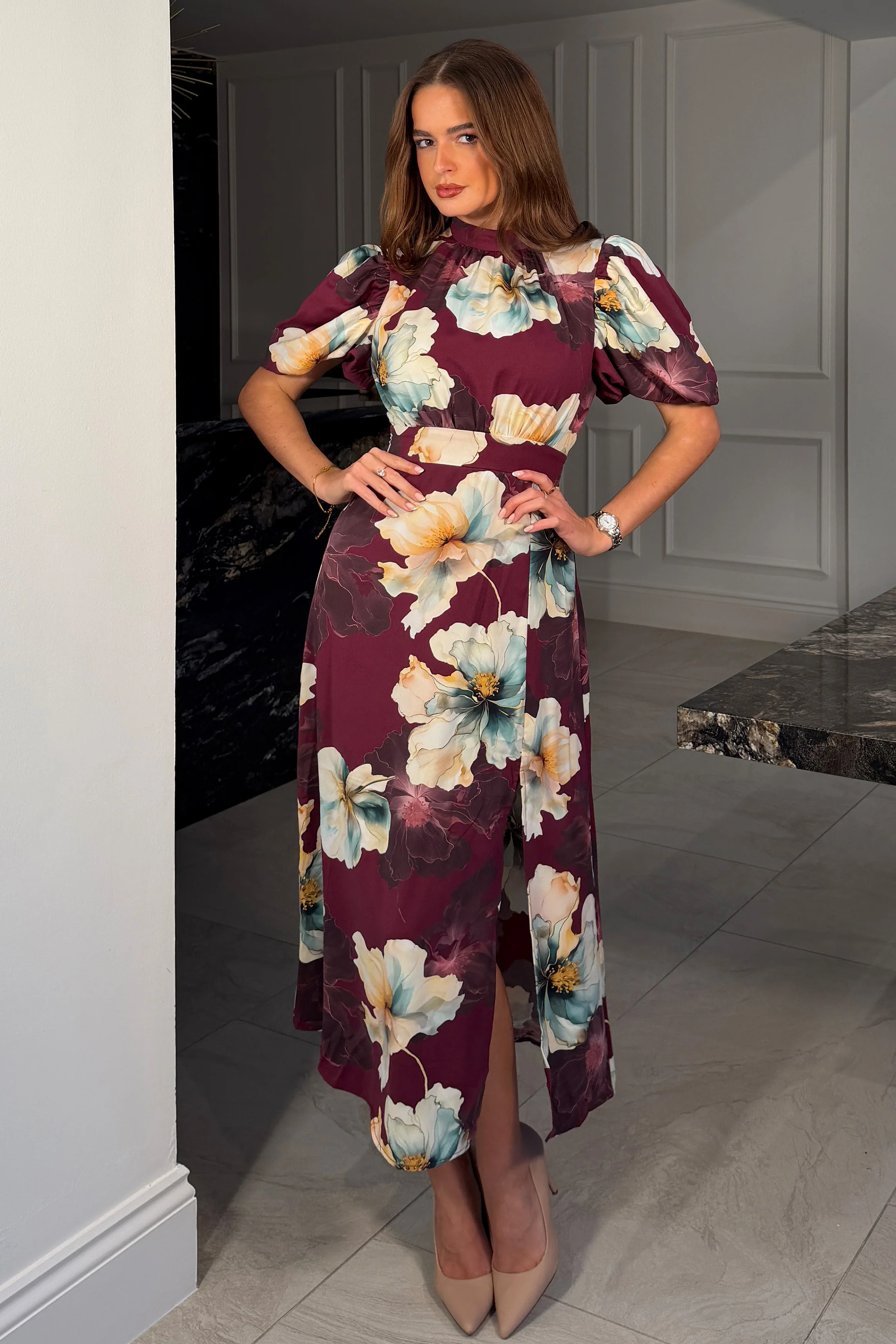Lilith Plum Flower Puff Sleeve High Neck Midi Dress - Image 3