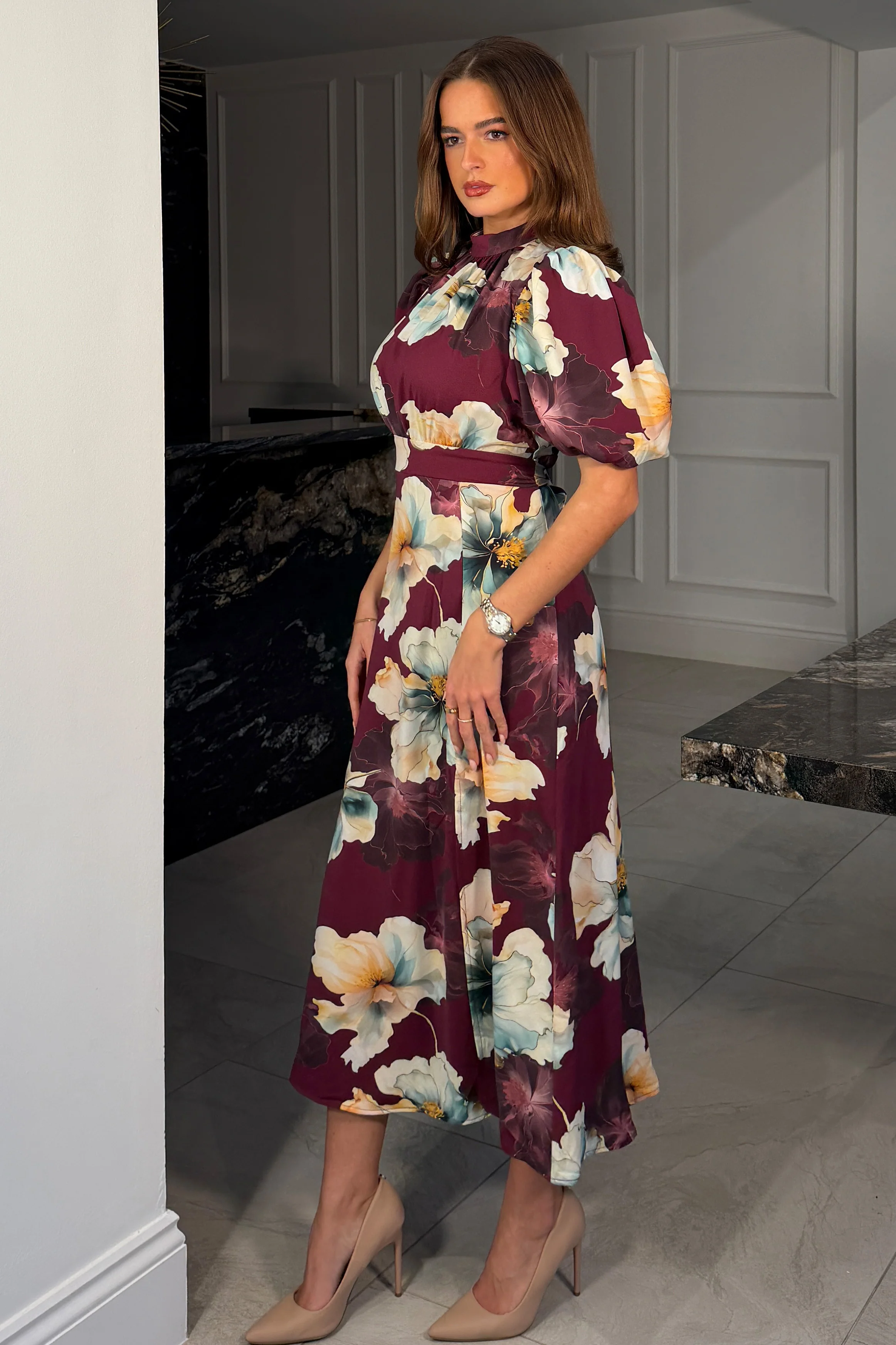 Lilith Plum Flower Puff Sleeve High Neck Midi Dress - Image 4
