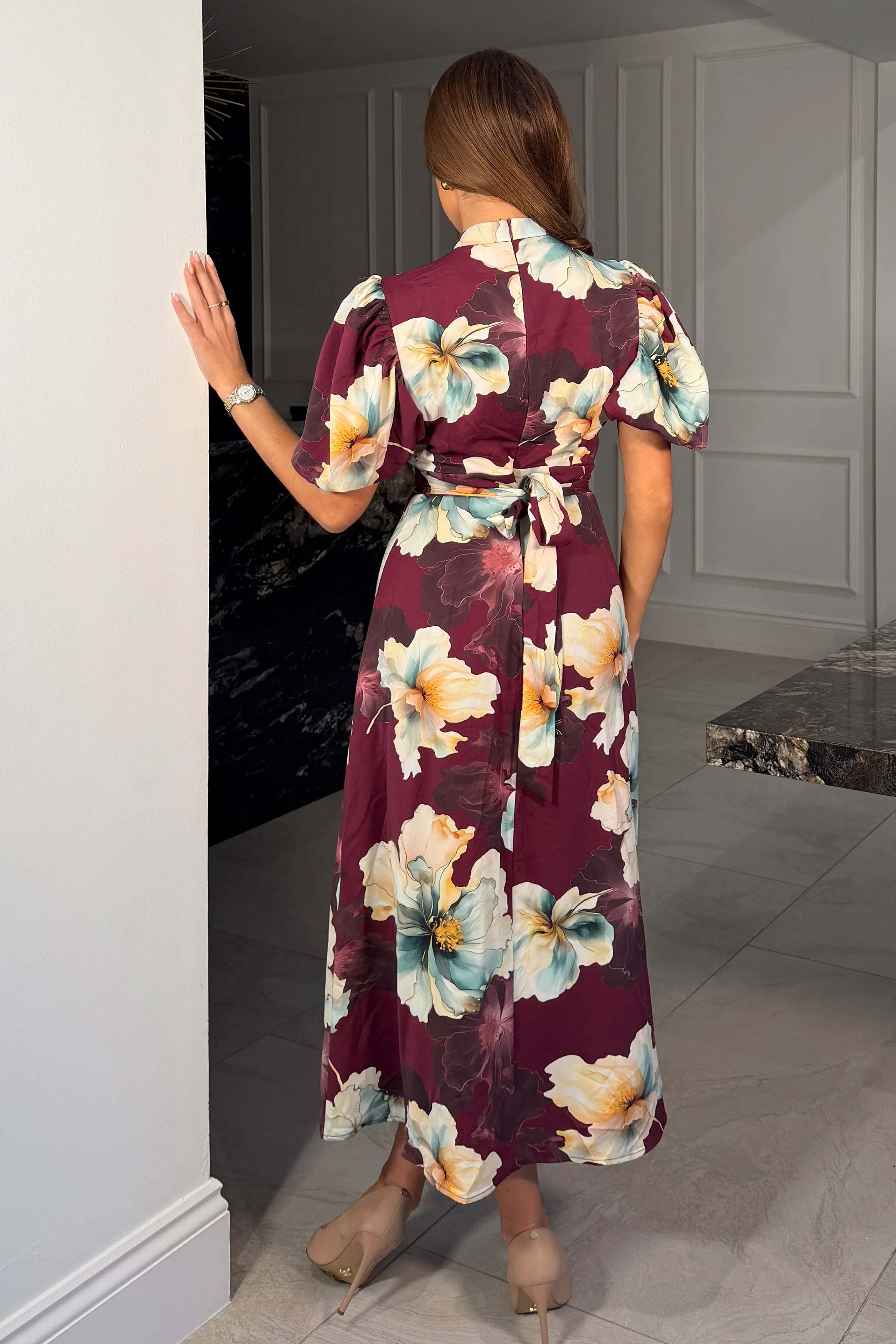 Lilith Plum Flower Puff Sleeve High Neck Midi Dress - Image 5