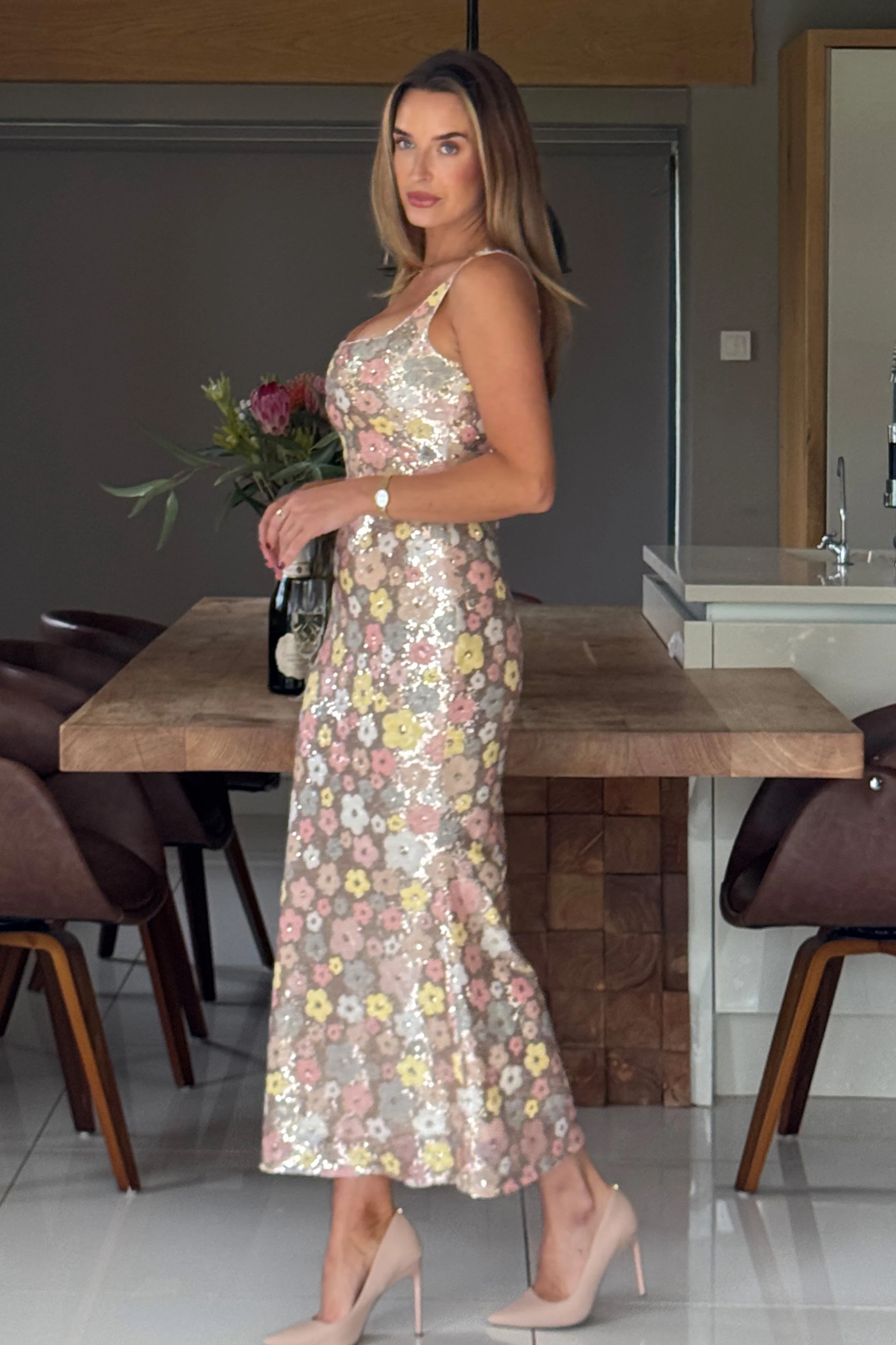 Lisbon Square Neck Gold Sequin Midi Dress - Image 6