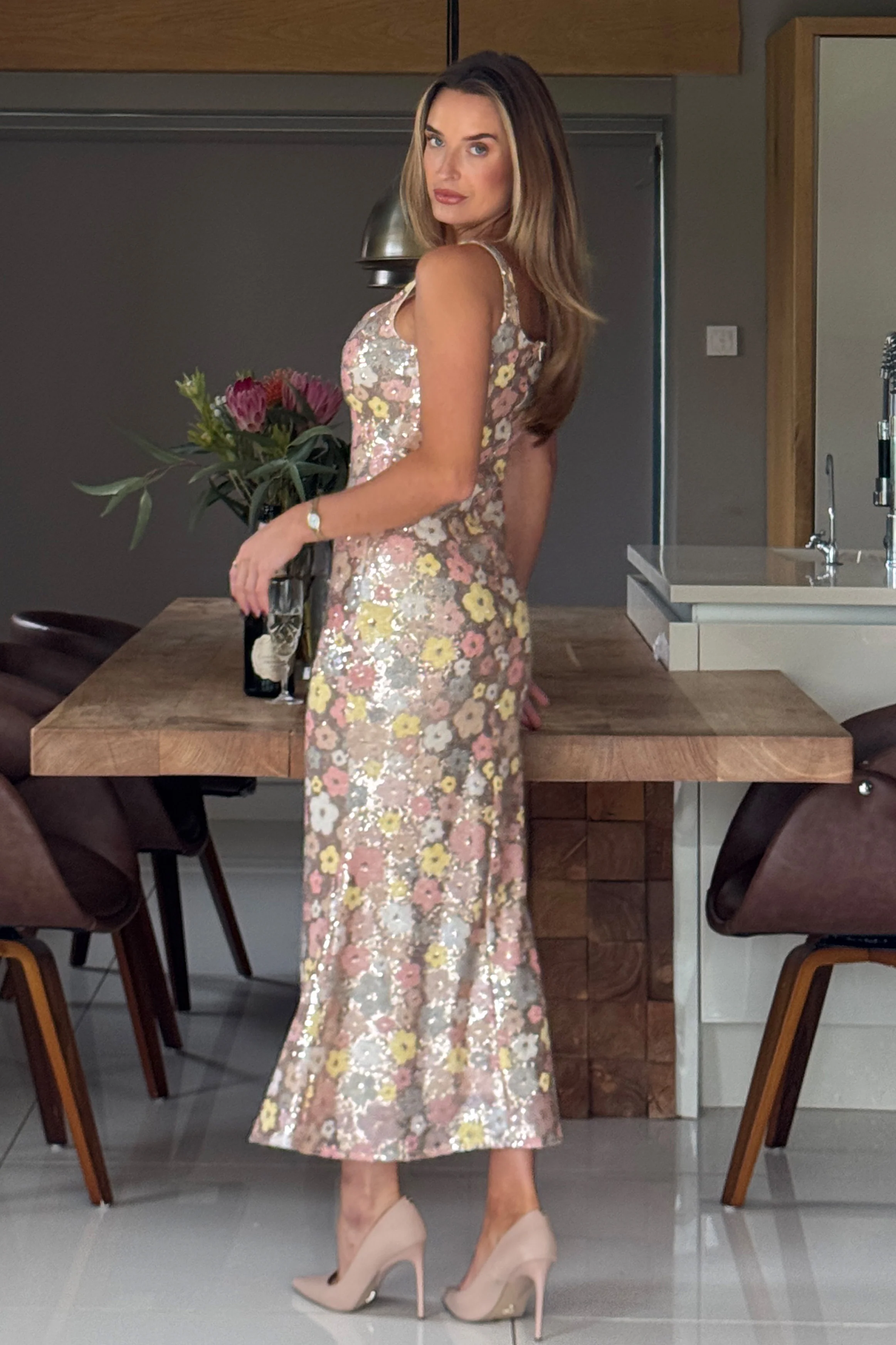 Lisbon Square Neck Gold Sequin Midi Dress - Image 7