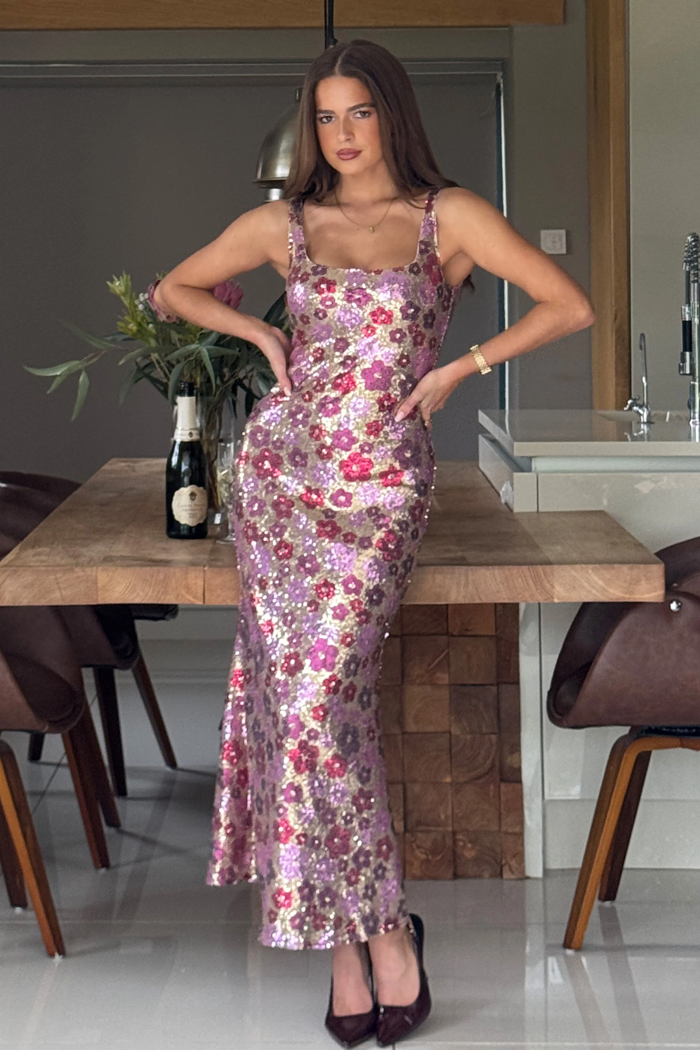 Lisbon Square Neck Pink & Gold Sequin Midi Dress - Image 4