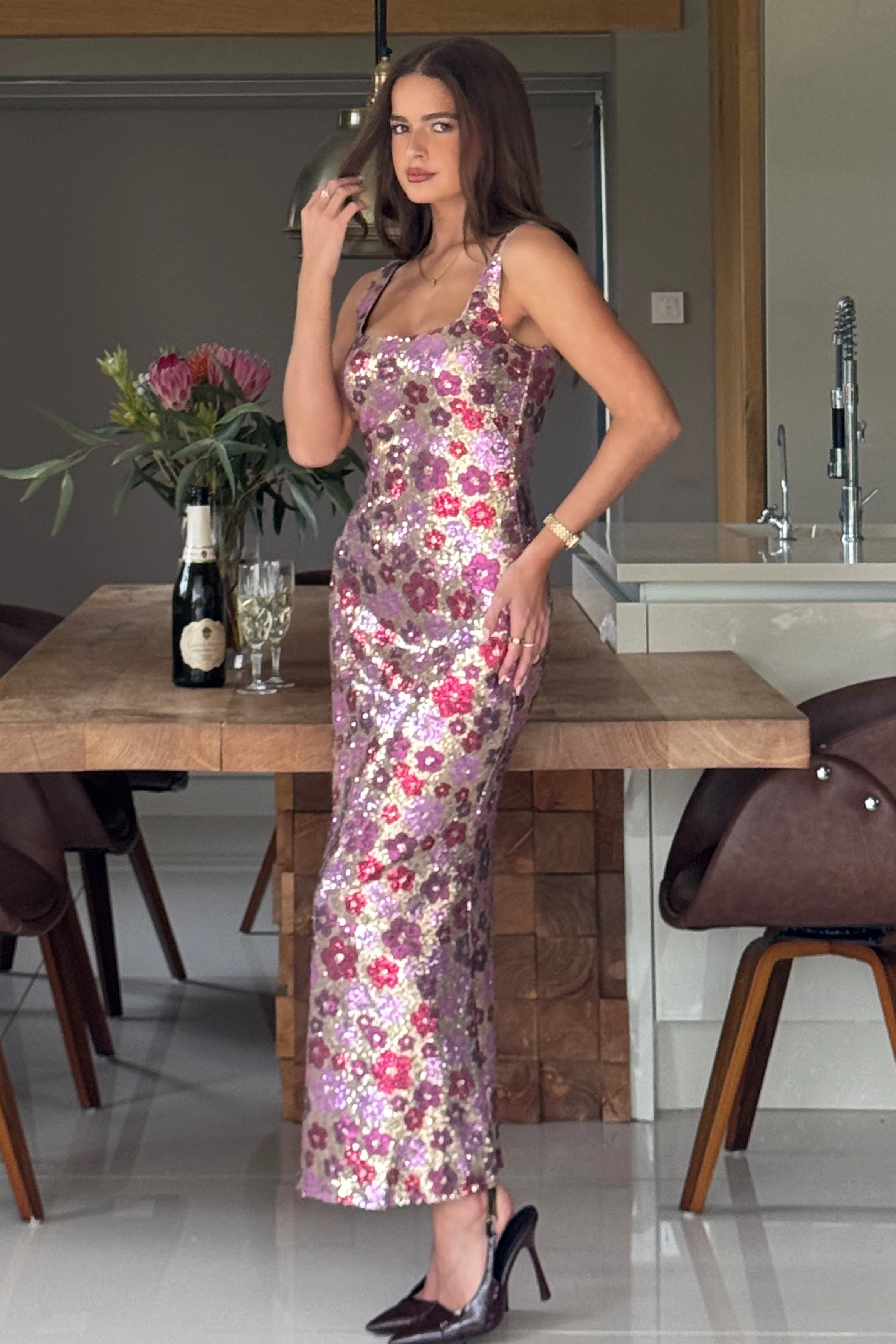 Lisbon Square Neck Pink & Gold Sequin Midi Dress - Image 5
