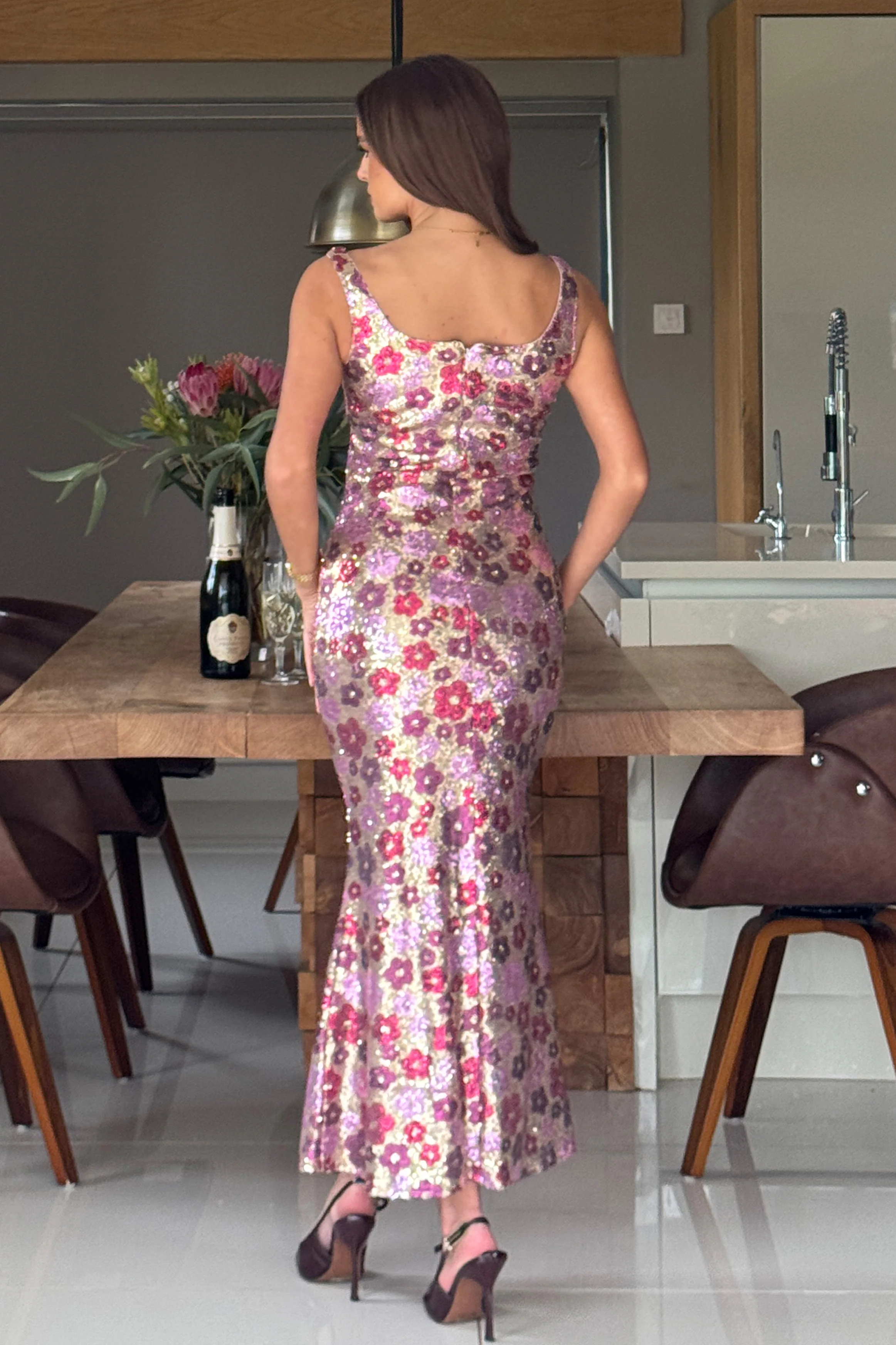 Lisbon Square Neck Pink & Gold Sequin Midi Dress - Image 6