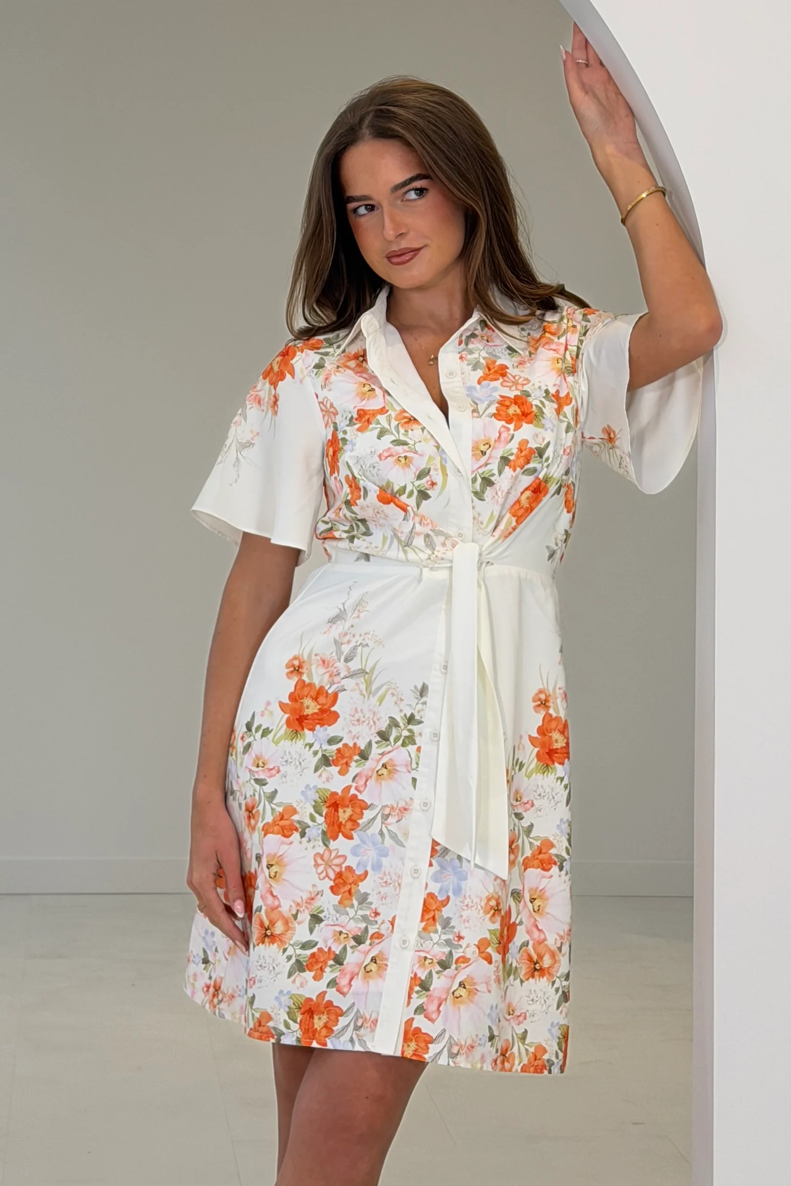 Livia Tie Waist Short Sleeve Printed Mini Dress Ivory