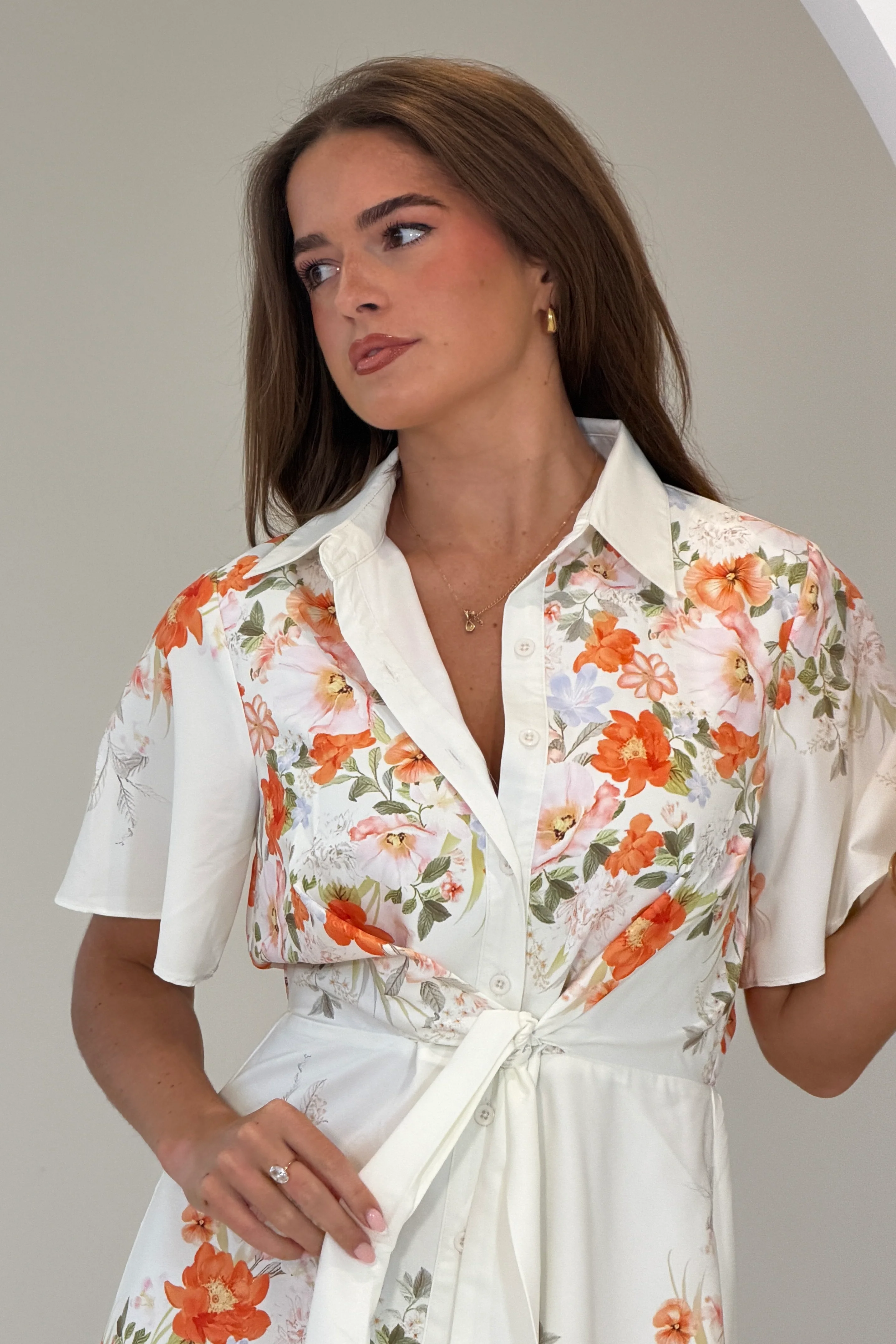 Livia Tie Waist Short Sleeve Printed Mini Dress Ivory - Image 3