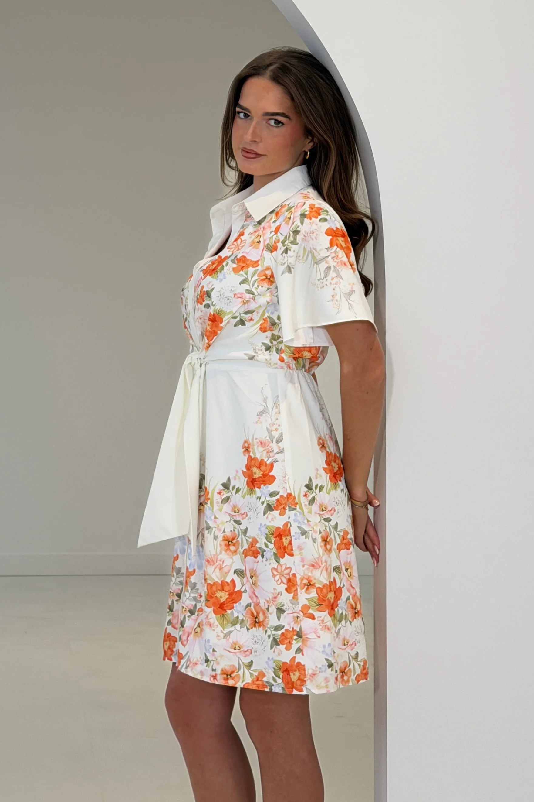 Livia Tie Waist Short Sleeve Printed Mini Dress Ivory - Image 5
