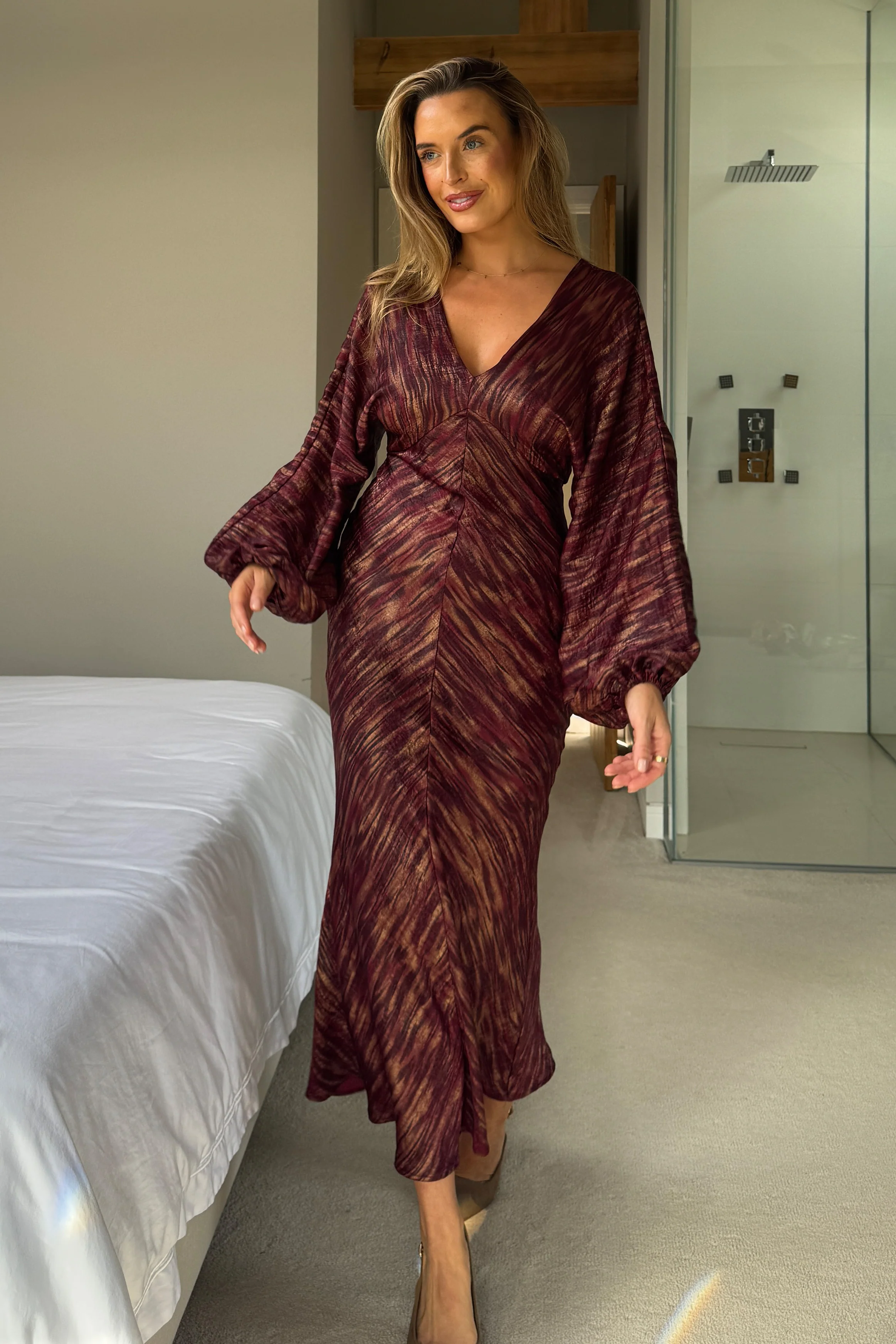 London V Neck Long Sleeve Maxi Dress Berry And Gold Stripe - Image 3