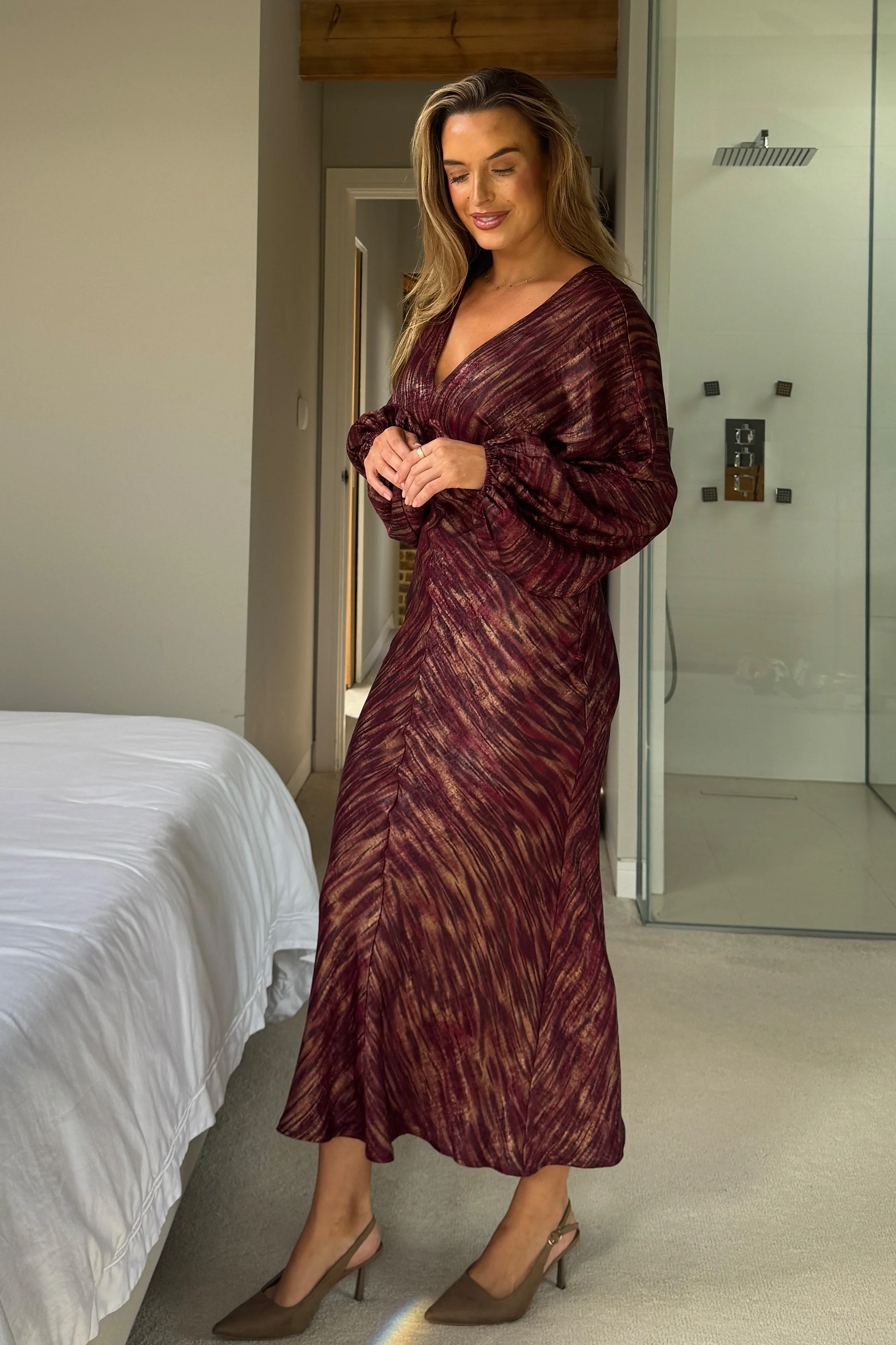 London V Neck Long Sleeve Maxi Dress Berry And Gold Stripe - Image 4
