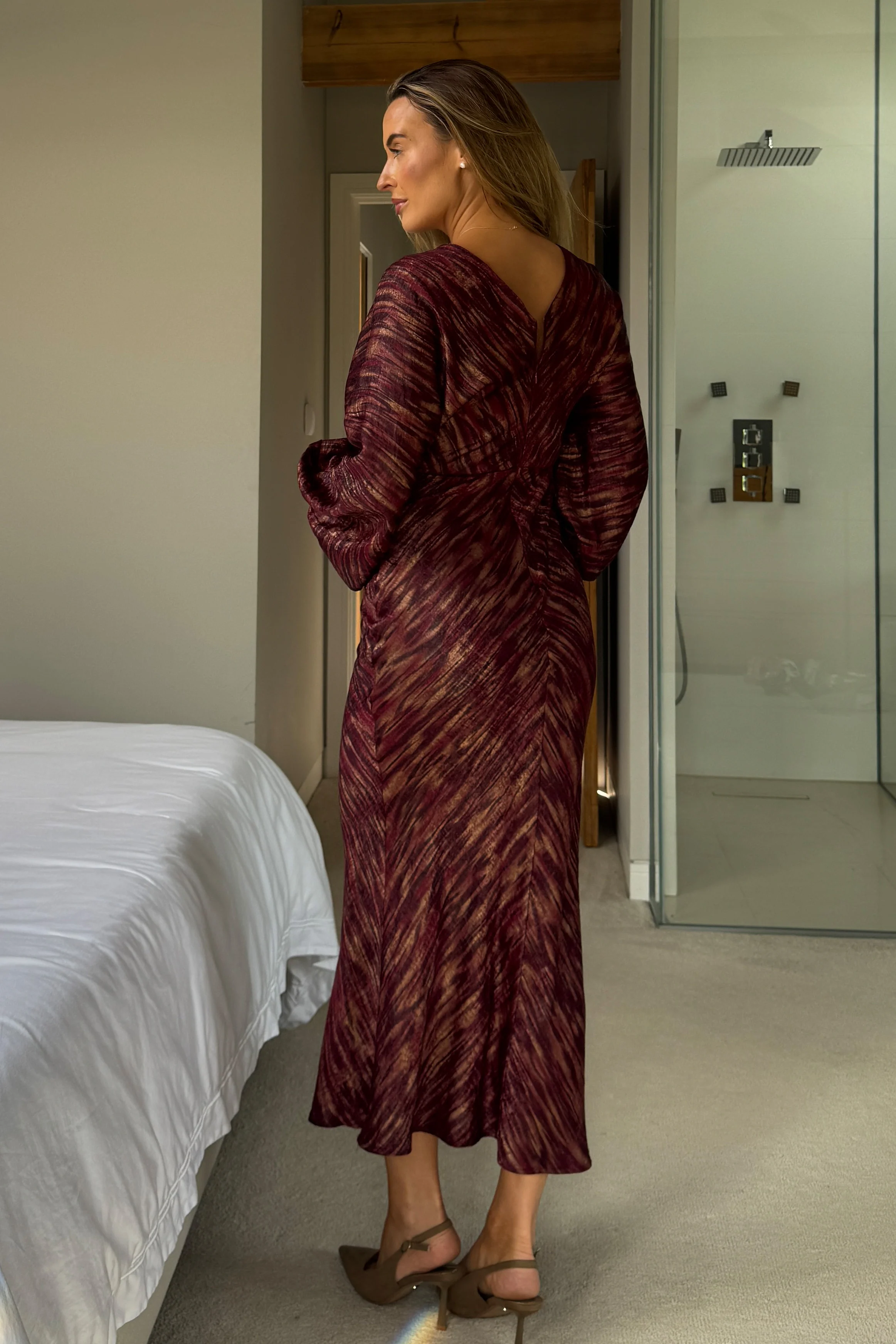 London V Neck Long Sleeve Maxi Dress Berry And Gold Stripe - Image 5