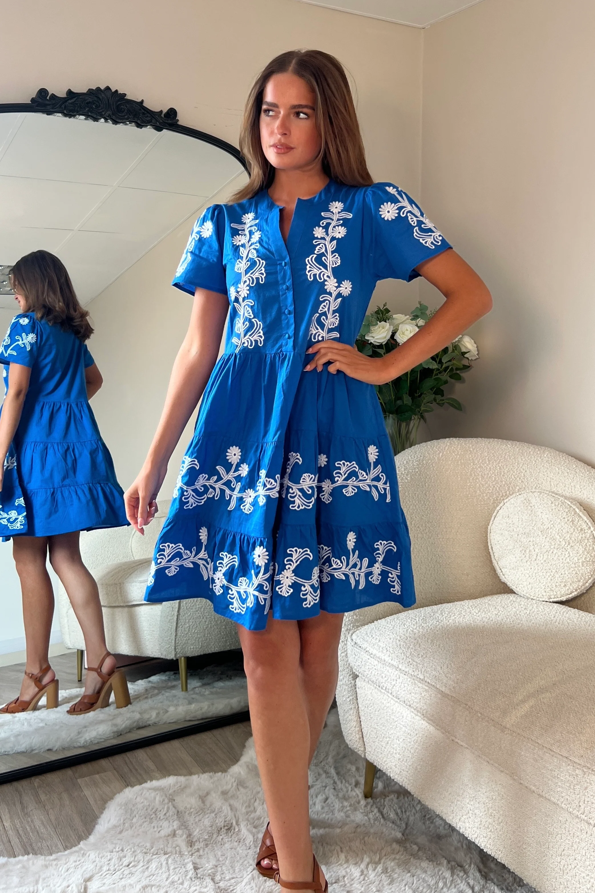 Loren Floral Embroidery Cotton Mini Smock Dress Blue