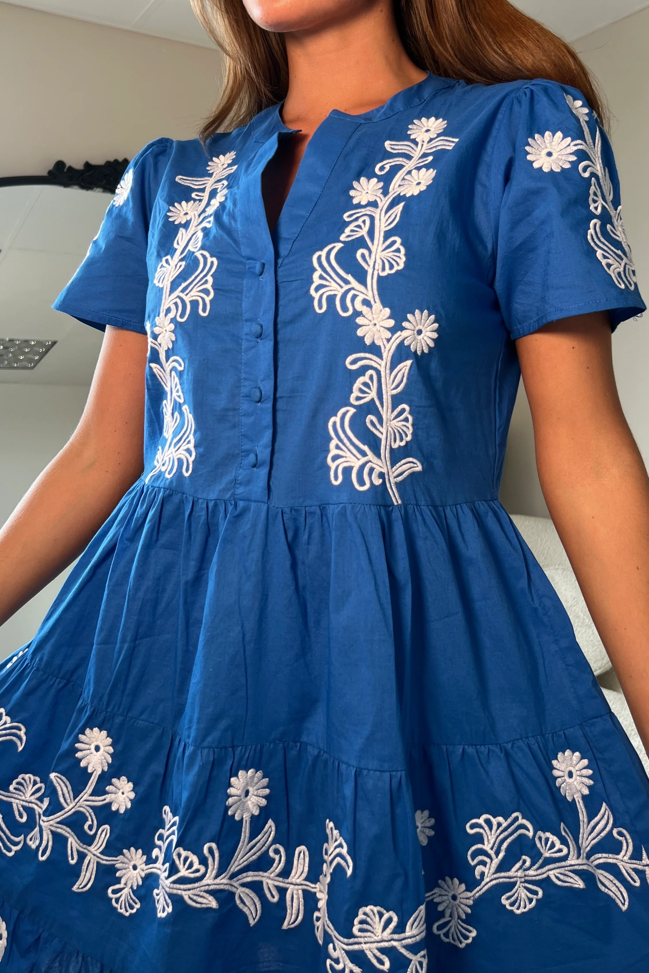 Loren Floral Embroidery Cotton Mini Smock Dress Blue - Image 2