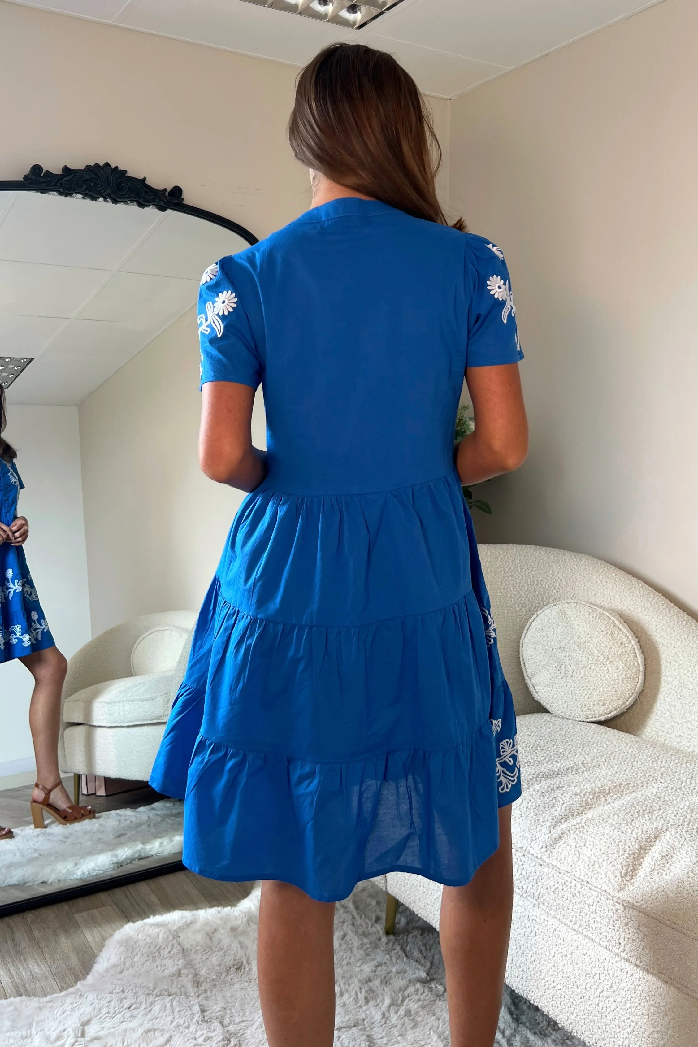 Loren Floral Embroidery Cotton Mini Smock Dress Blue - Image 5
