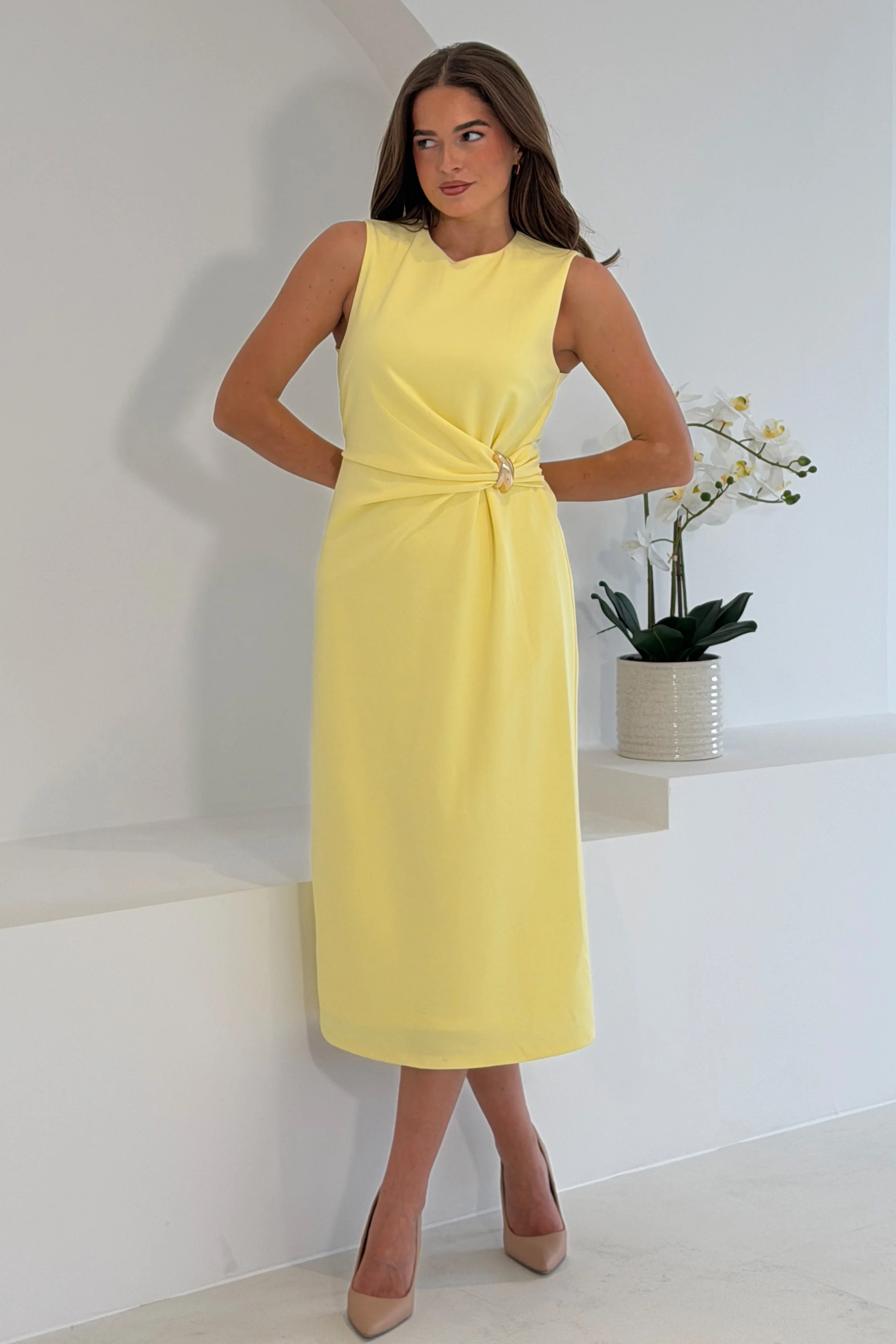 Louisa Gold Buckle Wrap detail Midi Dress Yellow - Image 3