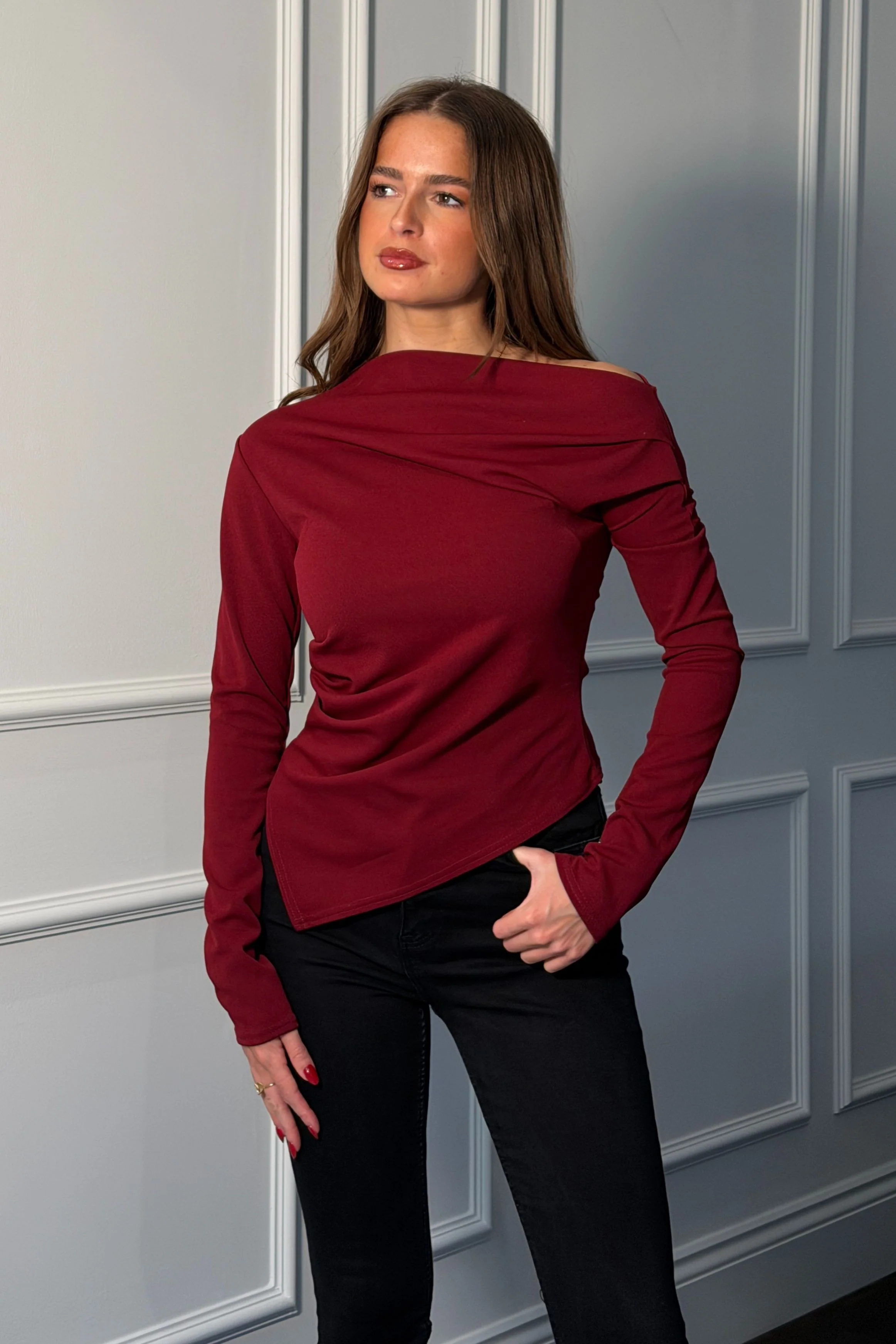 Lowen Asymmetric Neckline Long Sleeve Top Wine - Image 2
